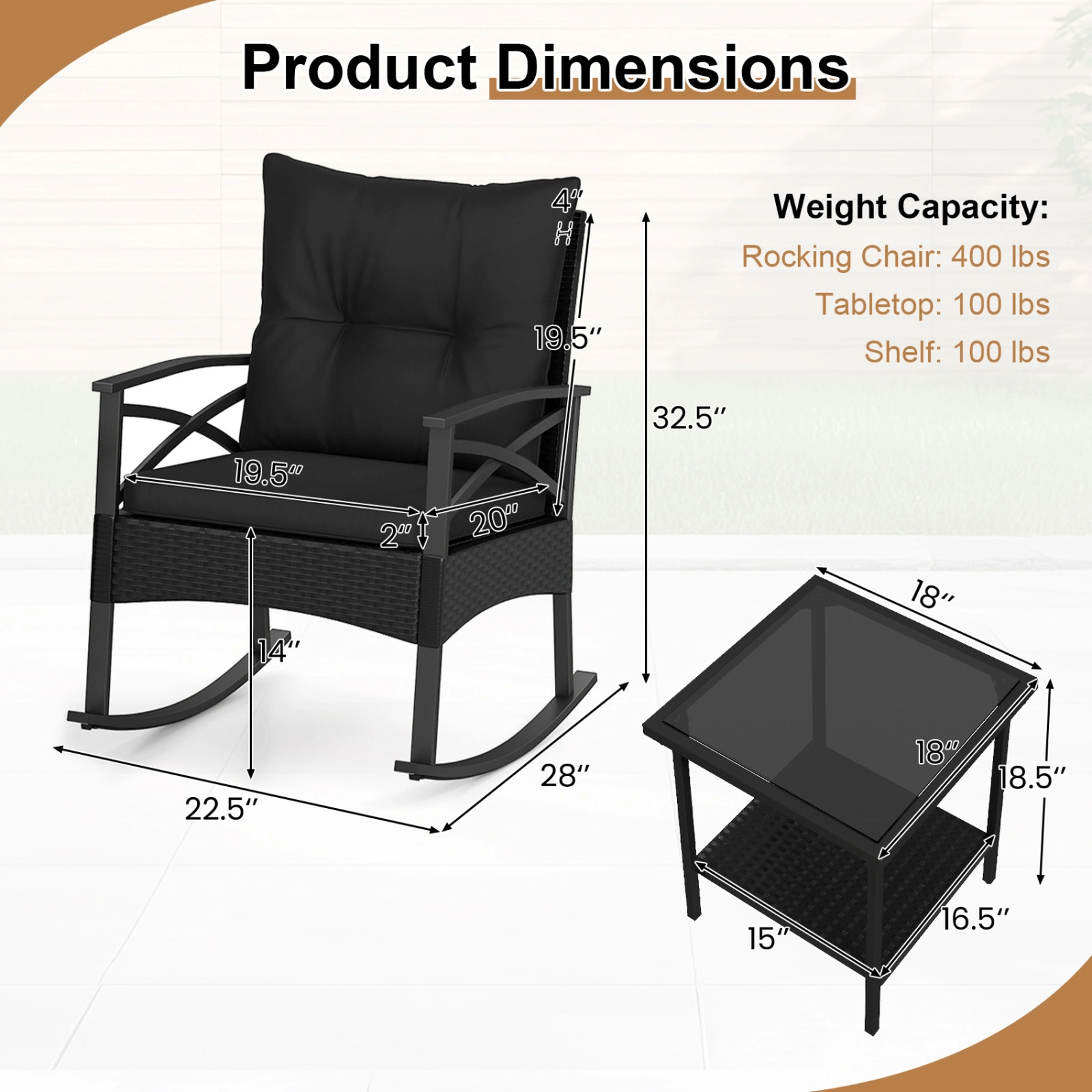 SUGIFT Cushions and 2-Tier Side Table 3-Piece Patio Rattan Rocking Chair Set