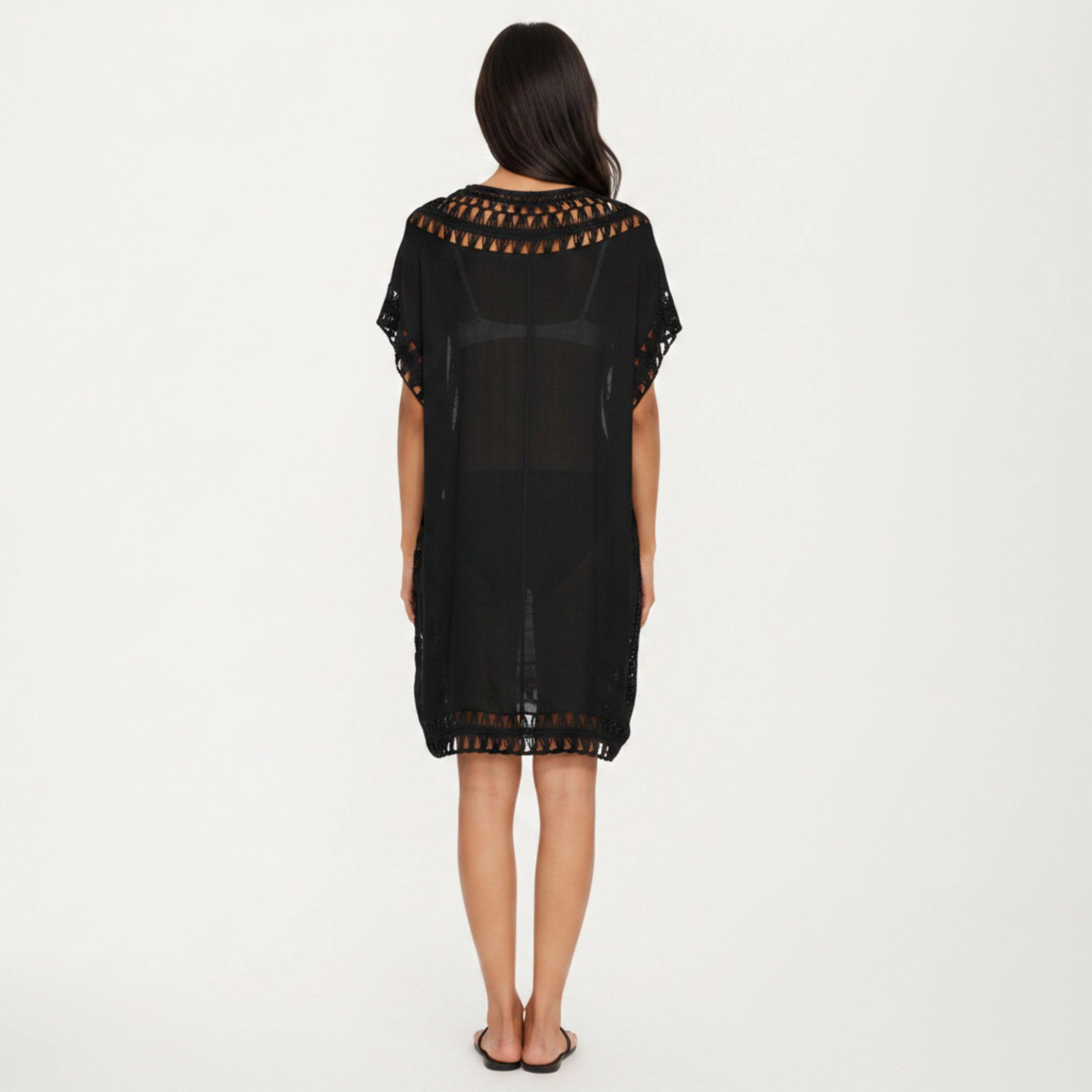 Anna-Kaci Women's Swim Cover Up Dress with Crochet Trim Short Sleeves Lightweight Beach Caftan
