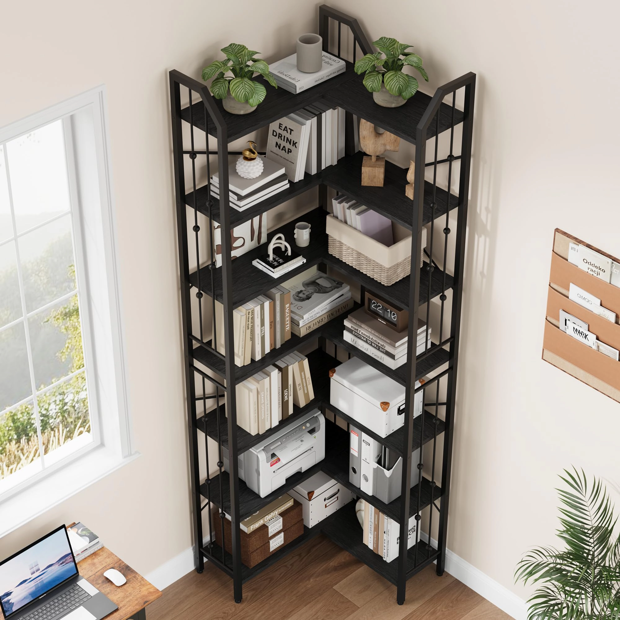 BebreezChic l-Shaped Corner Bookshelf, 5-Tier Tall Bookcase, Industrial Storage Display Shelves for Living Room