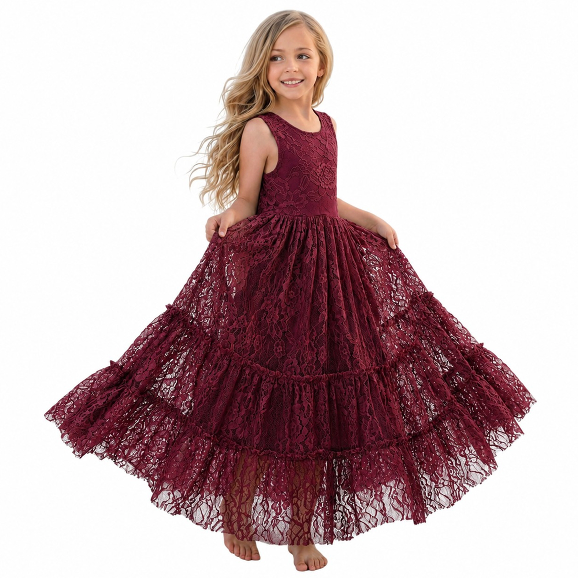 2Bunnies Girls’ Vintage Boho Sleeveless Lace Ruffled Maxi Dress