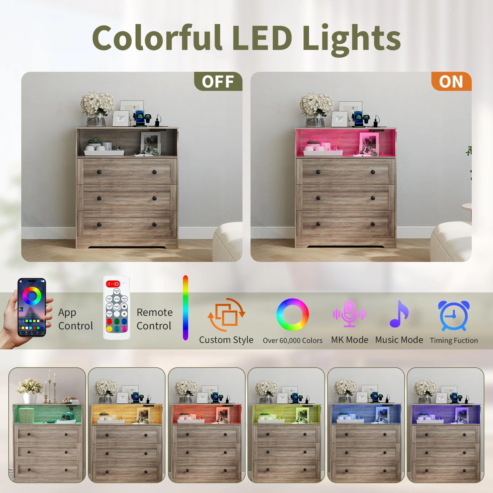37.2" 3 Drawer Dresser with LED Lights & Charging Station, Wood Storage Chest Open Shelf