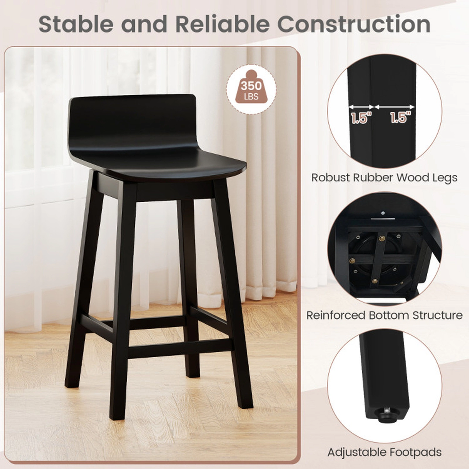 SUGIFT 24.5-in Seat Height Swivel Wooden Bar Stools with Low Back 350-lb Capacity Set of 4 Walnut/Black/White