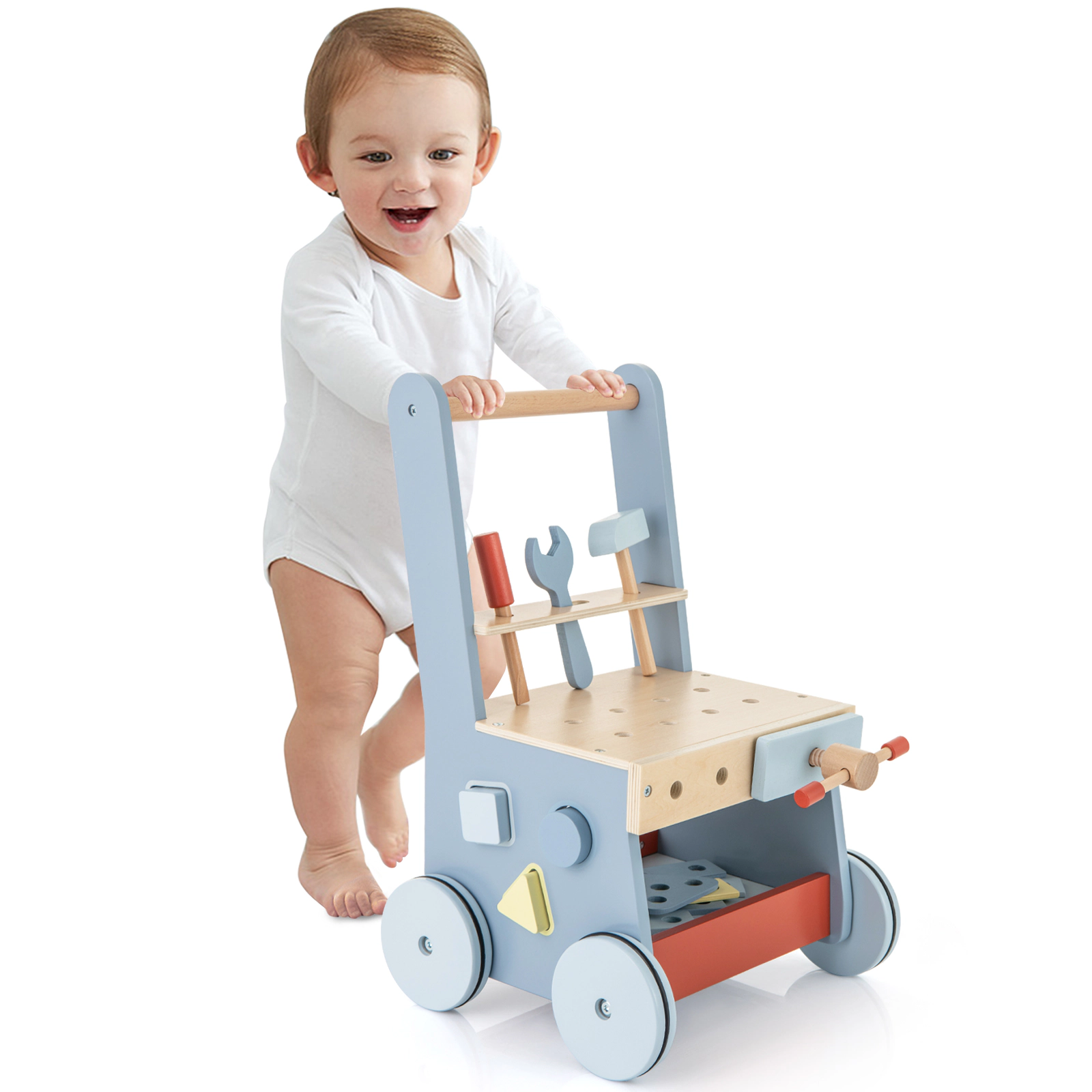 SUGIFT 2-in-1 Wooden Baby Push Walker and Kids Work Bench 18.5-in Tall Ages 3+ Blue