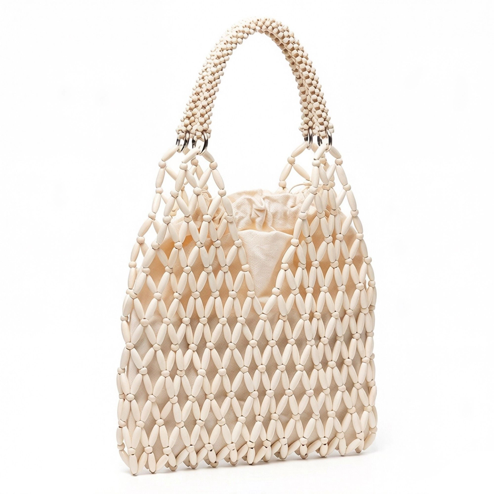 Alilang Women's Beaded Tote Bag with Inner Pouch Soft Structured Wooden Bead Handbag Open Weave Shoulder Carryall