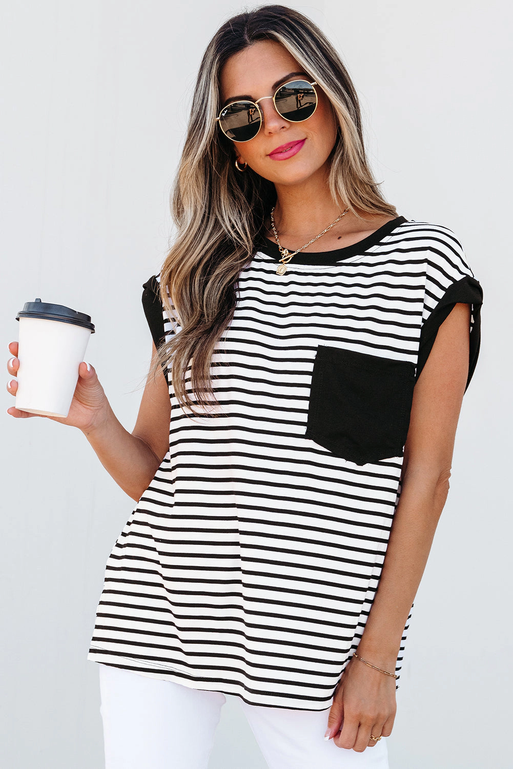 Threaded Pear Women's Marie Stripe Chest Pocket Tank Top