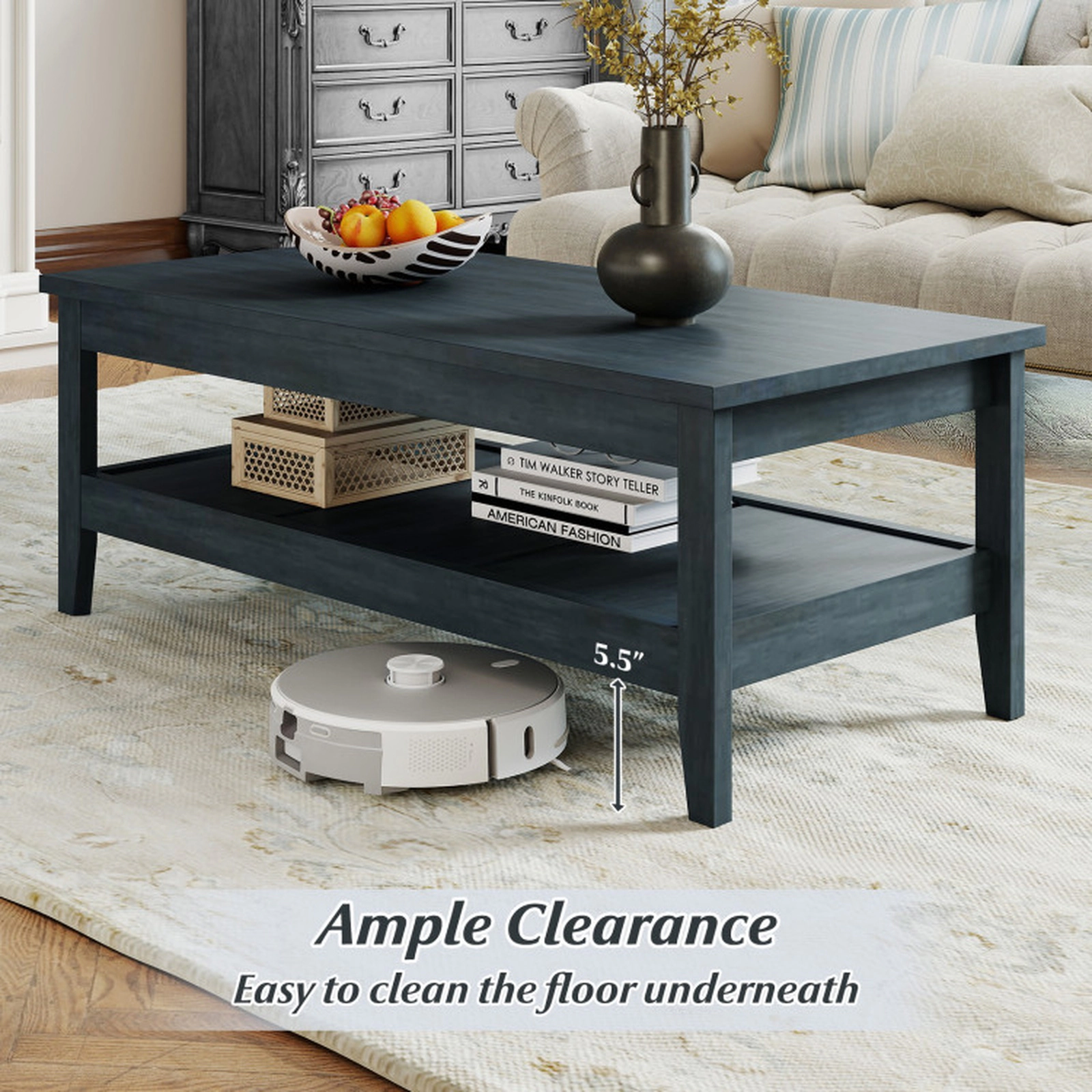 SUGIFT 47-in 110-lb Capacity Farmhouse Rustic Blue Coffee Table with Thickened Tabletop and Open Lower Shelf