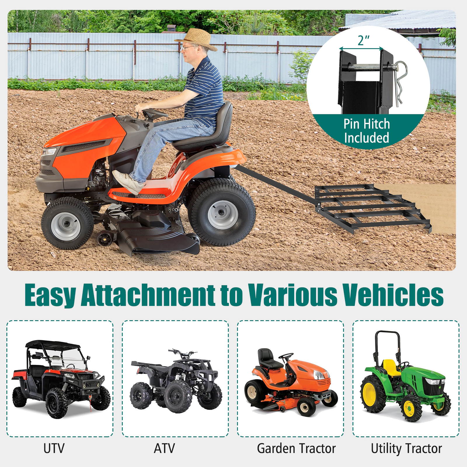 SUGIFT Black 84-in Wide Tow Behind Driveway Drag Landscape Leveling Rake with Reinforced Bars and Rod