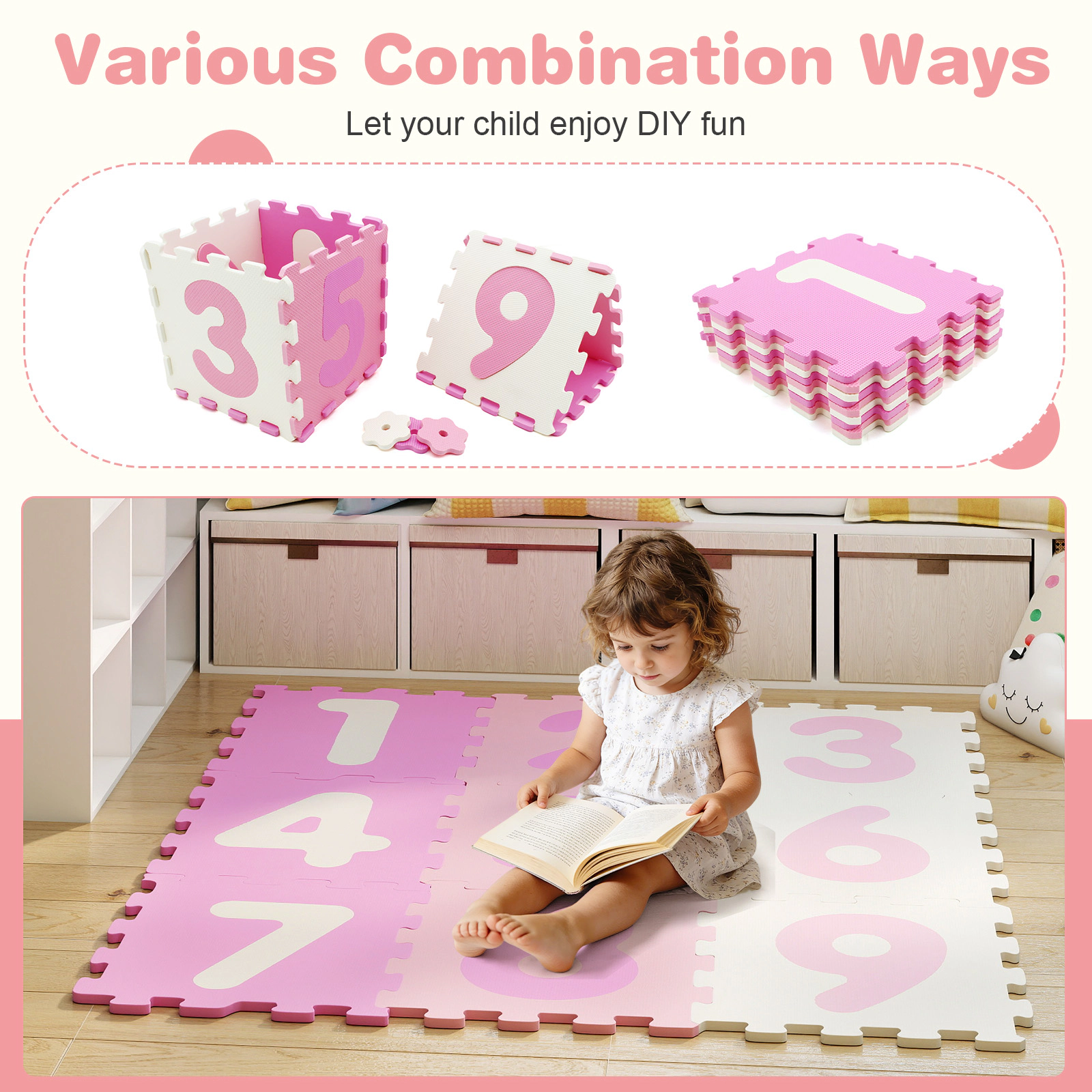 SUGIFT Kids Pink 9-Piece Interlocking Foam Hopscotch Play Mat with 3 Marker Discs 71.5-in W 24.5-in D 0.4-in H