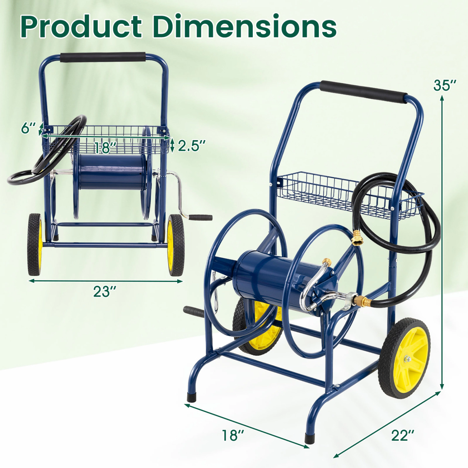 LJG Garden Hose Reel Cart with 2 Wheels and Storage Basket