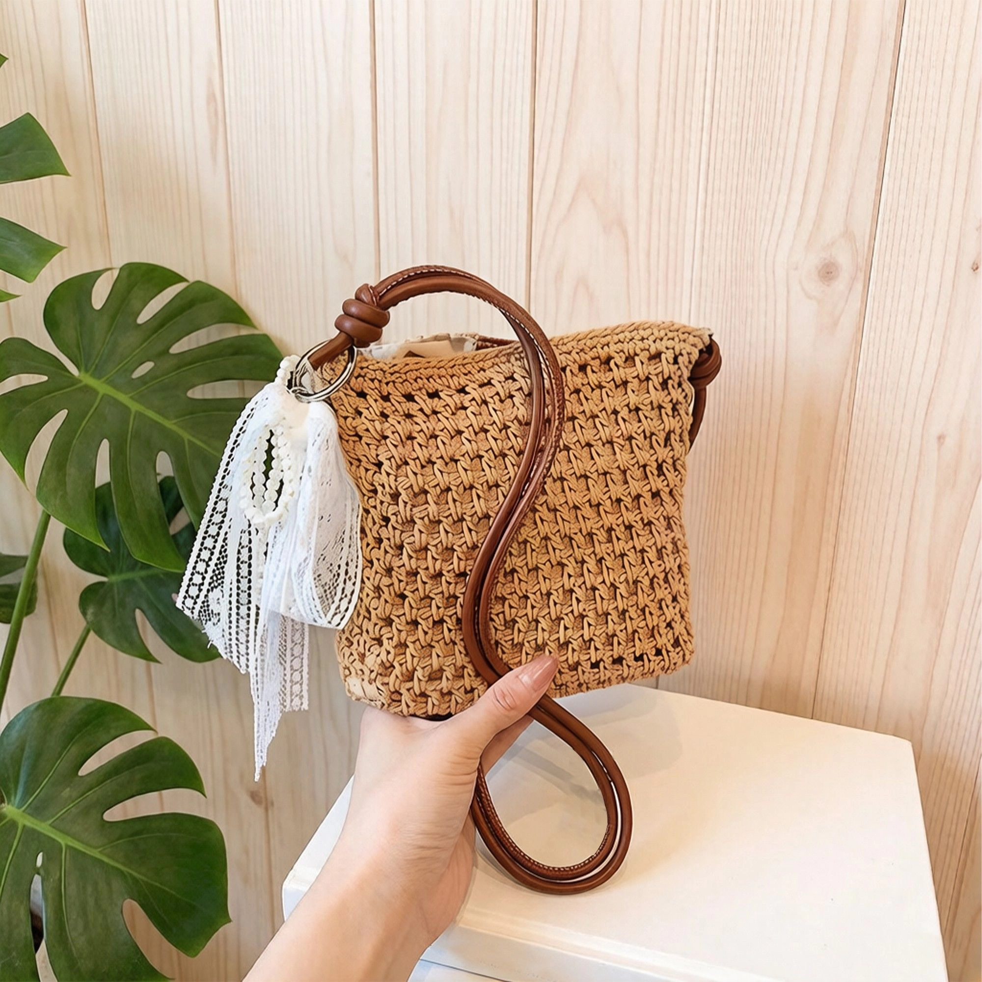 Alilang Women's Crochet Crossbody Bag with Lace Bow Detail Lightweight Knit Shoulder Small Casual Handbag