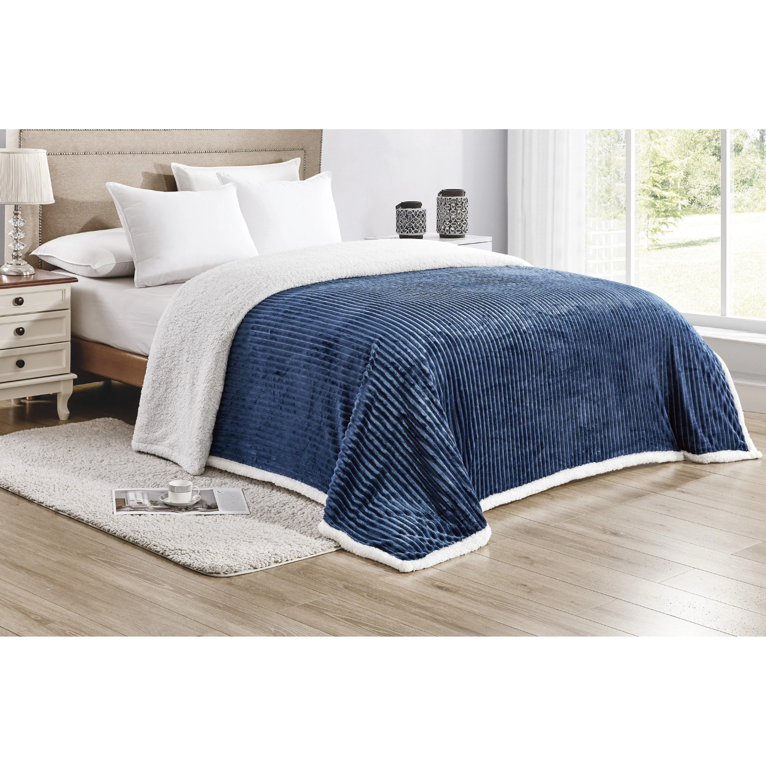 Plazatex Soft Plush Corduroy Sherpa Lined Oversized All Season Comfort Blankets Queen 90" x 90" Navy