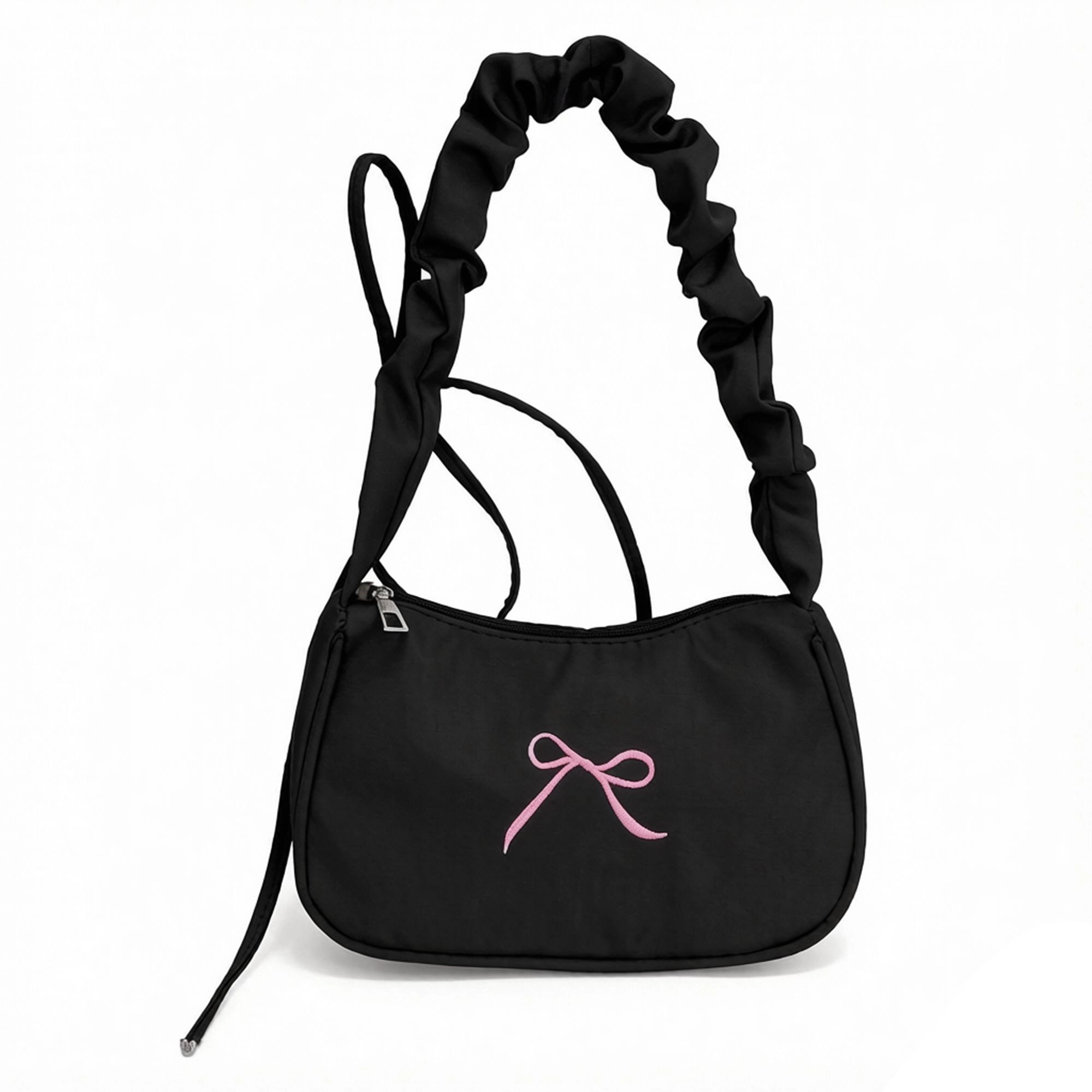 Alilang Women's Small Bow Embroidered Shoulder Bag with Ruched Strap and Zip Closure, Pink