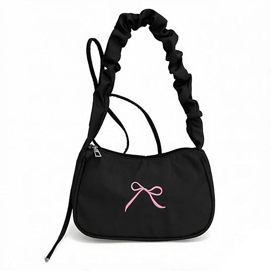 Alilang Women's Small Bow Embroidered Shoulder Bag with Ruched Strap and Zip Closure, Pink