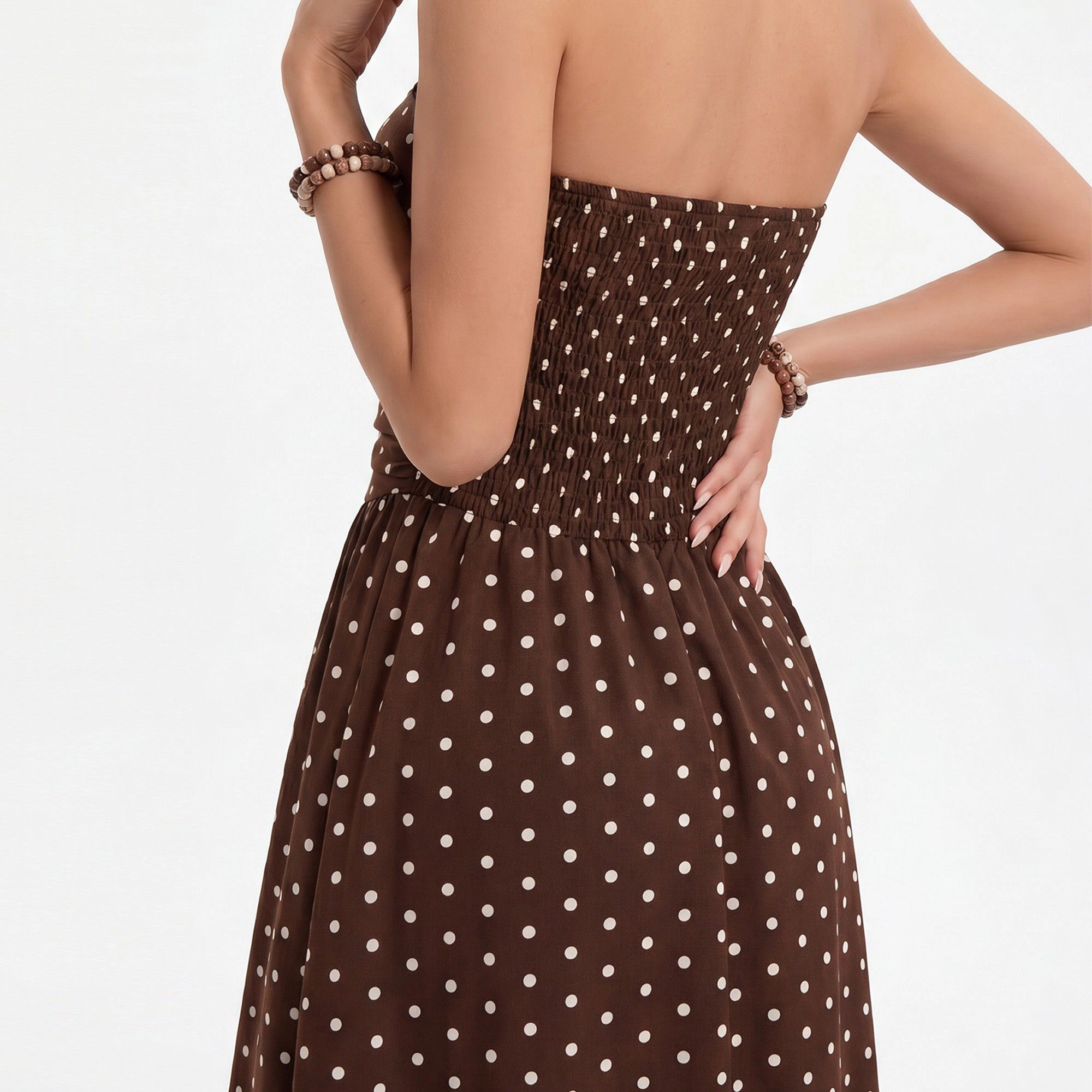 Anna-Kaci Women's Polka Dot Strapless Maxi Dress with Ruched Bodice and Full Skirt