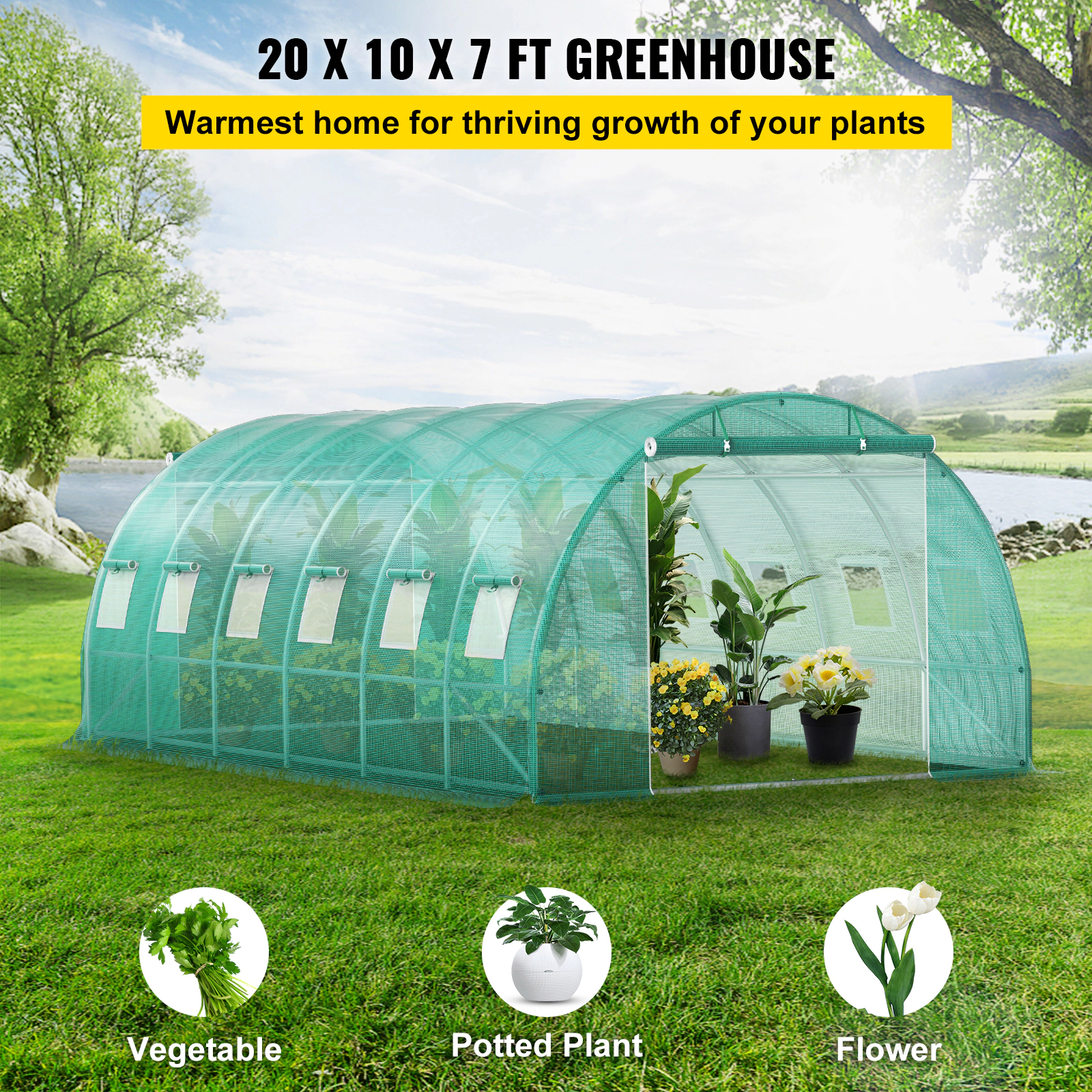 HONGGE Walk-In Tunnel Greenhouse 20 x 10 x 7 ft, Galvanized Steel Hoops, PE Cover, 2 Zippered Doors and 12 Mesh Windows
