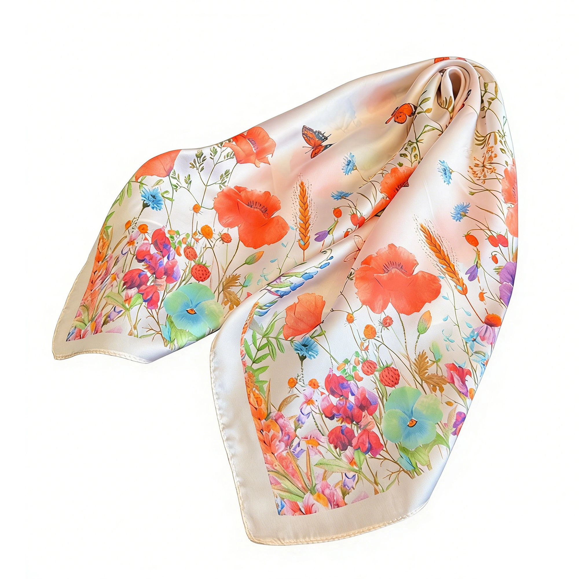 Anna-Kaci Womens Satin Floral Butterfly Print Square Scarf Lightweight Elegant Neck Wrap 27.5×27.5Inches