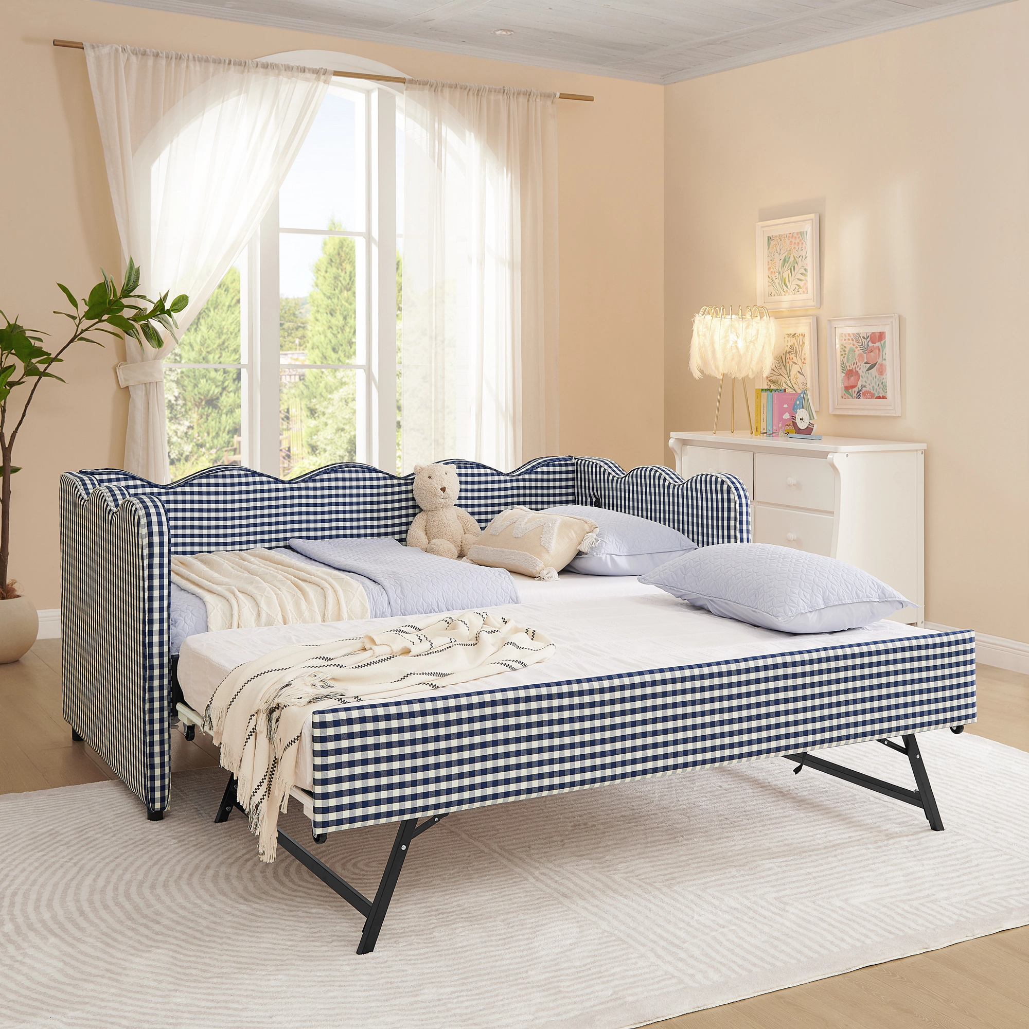 Flynama Gingham Daybed with Twin Trundle, USB Port, Wave Design, Linen, Navy