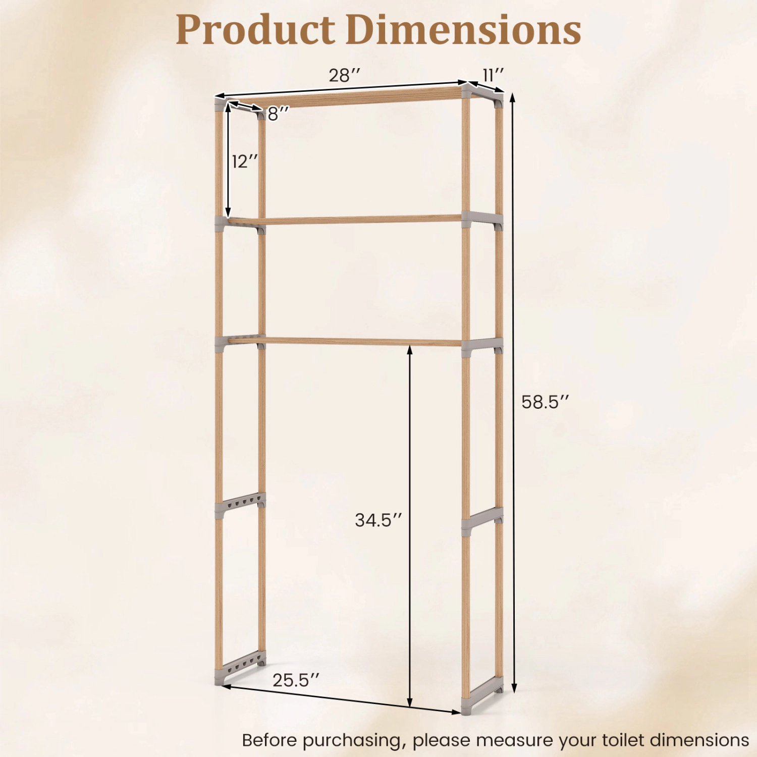 Slickblue Over Toilet Bathroom Shelf 3-Tier 58.5in Pine Wood Grey Storage Rack Laundry