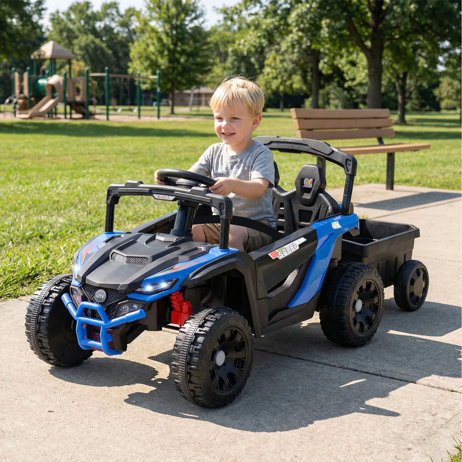 12V Kids Ride On Tractor with Detachable Trailer Parent Remote LED Headlights and Seat Belt Ages 3+ Black and Blue