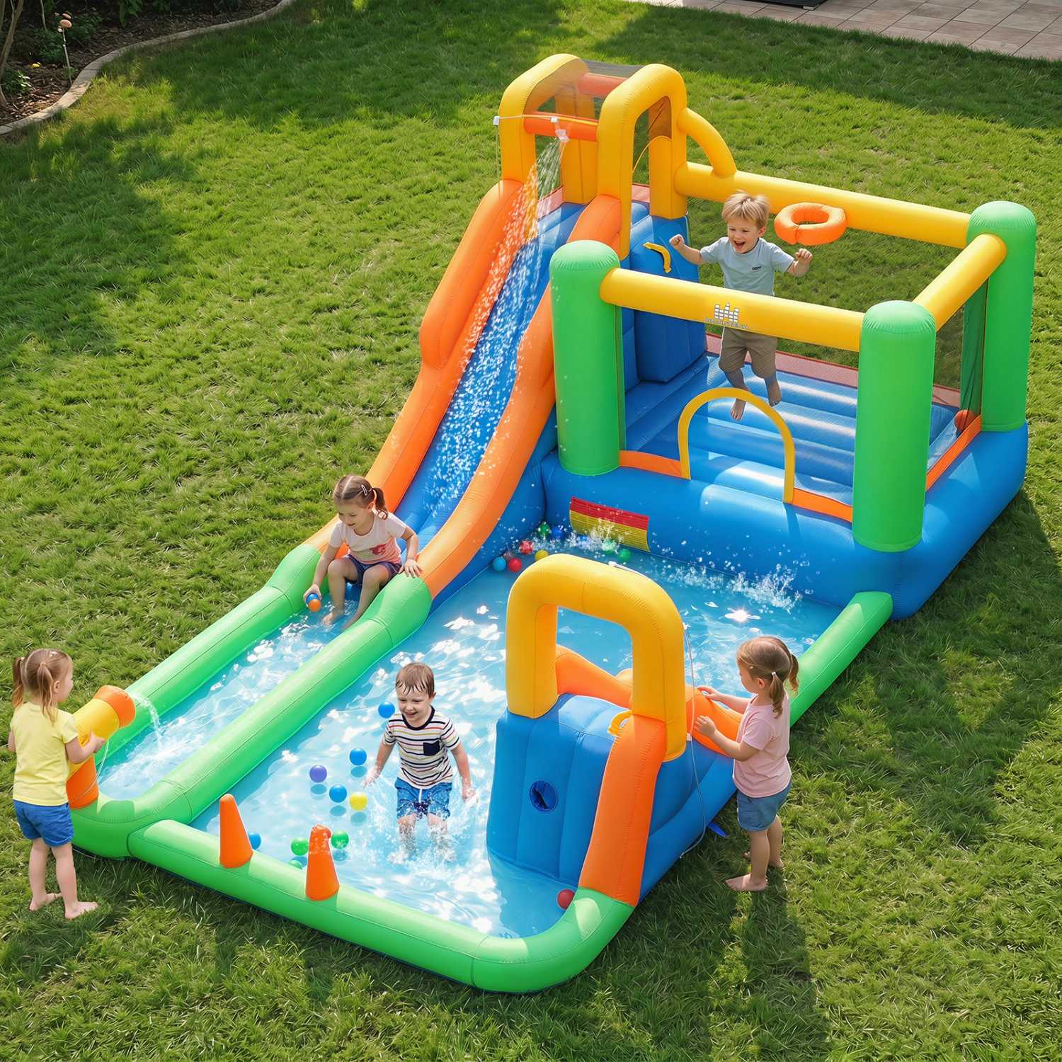LJG 11-in-1 Inflatable Bounce House with Water Slides for Kids without Blower