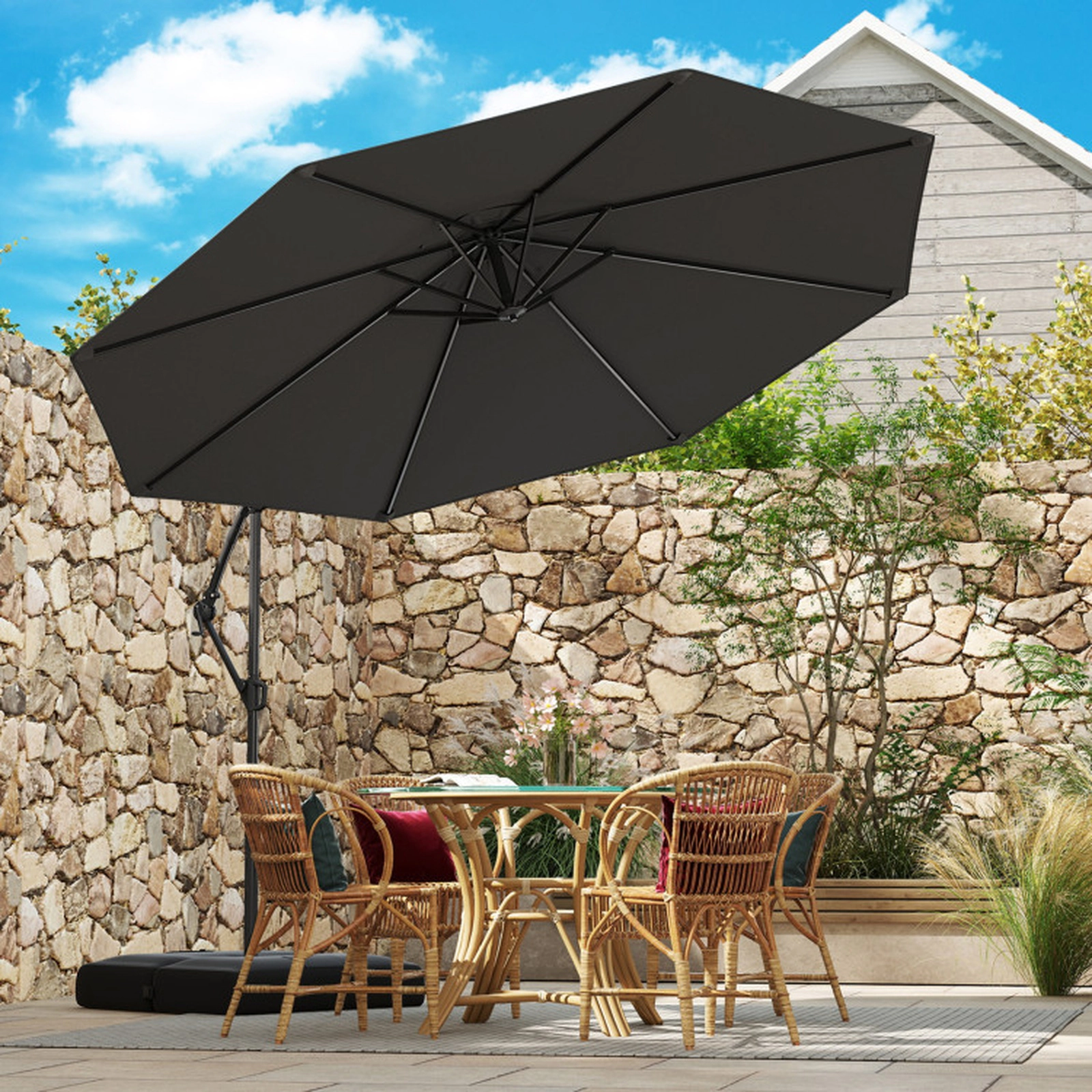 SUGIFT 10-ft Gray Offset Cantilever Patio Umbrella with Silent Crank Vented Top and Weighted Base