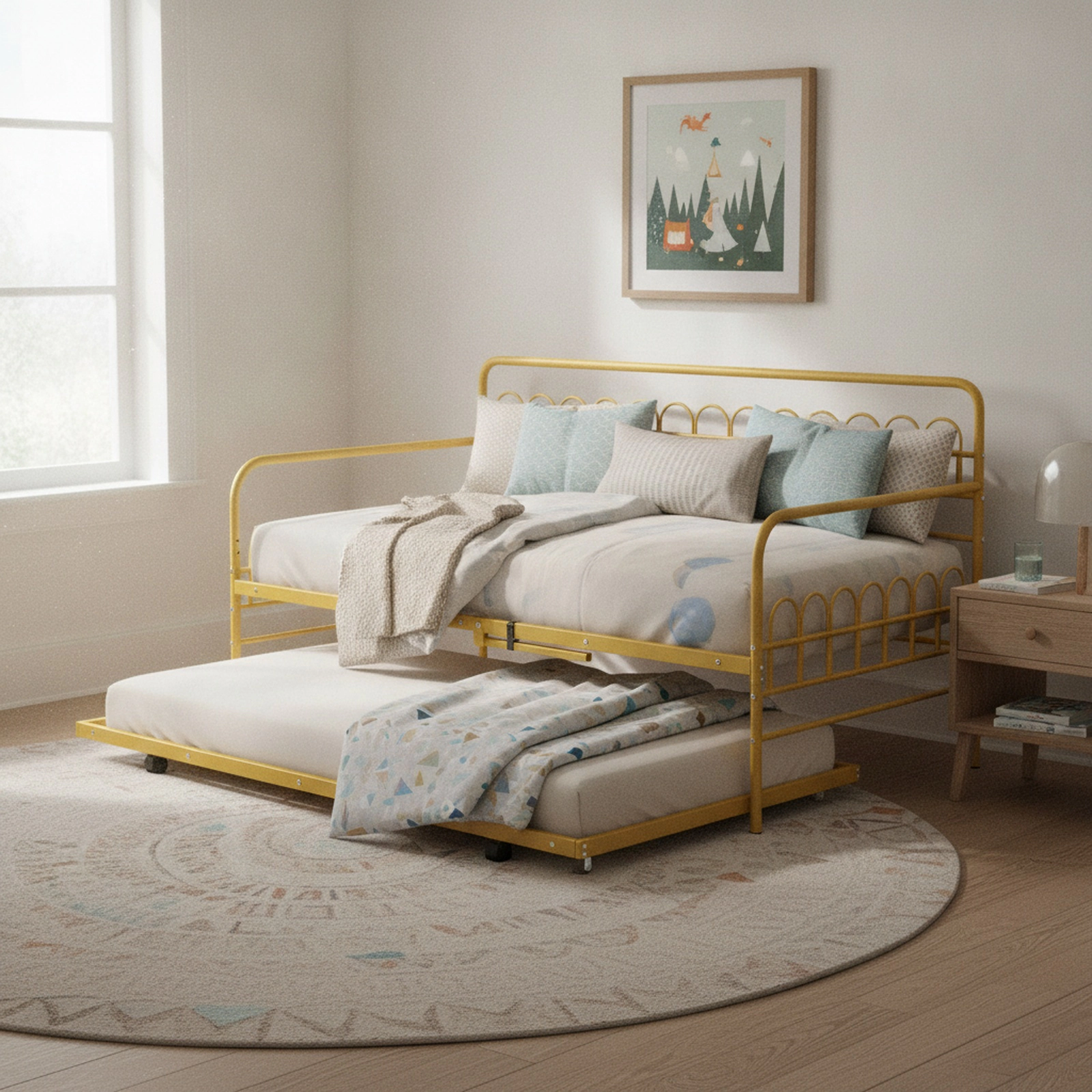 Twin Size Metal Daybed with Trundle Gold Sofa Bed Frame with Curved Backrest Armrests 26 Steel Slats