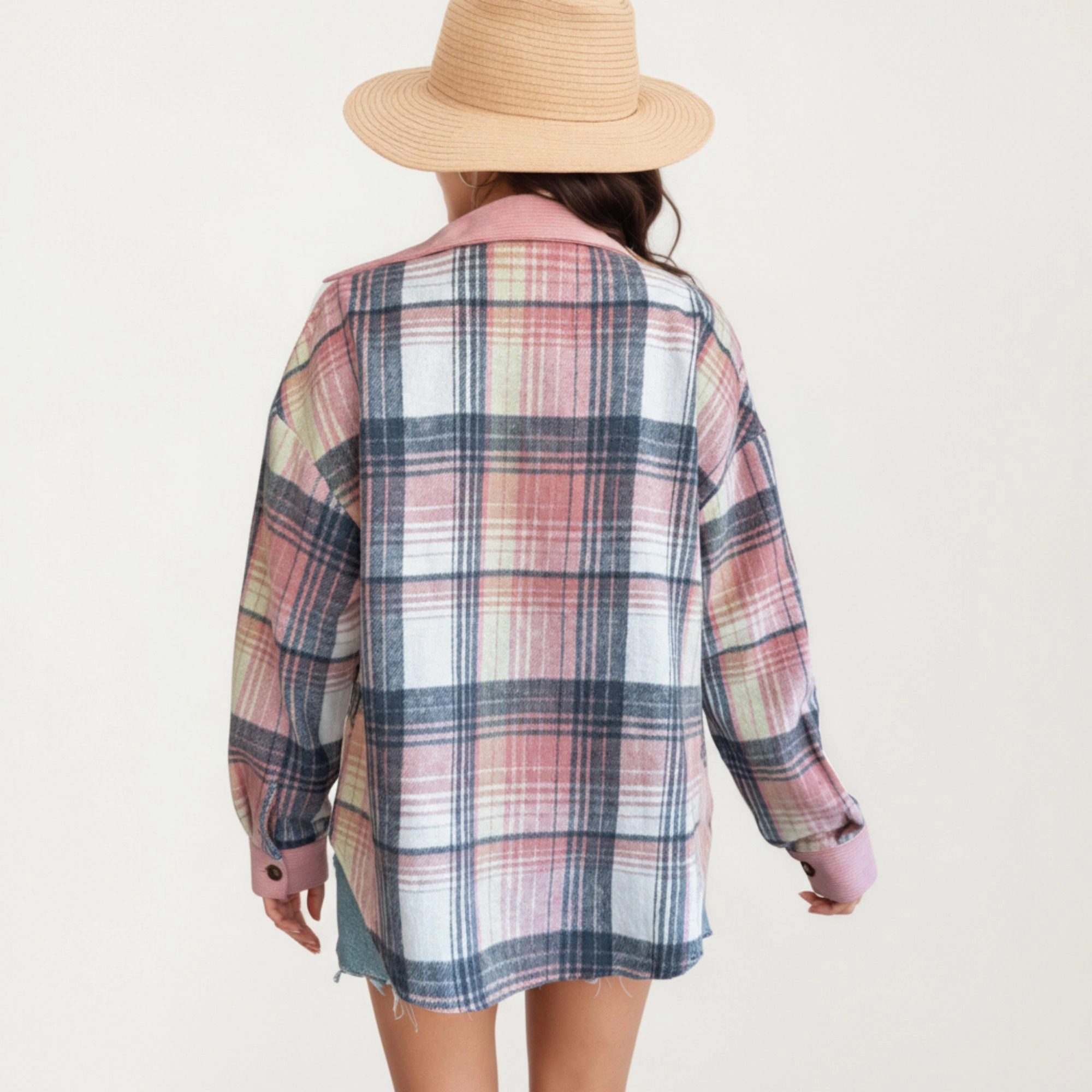 Anna-Kaci Women's Plaid Button Front Shirt Jacket with Soft Corduroy Contrast Long Sleeves Chest Pocket Detail