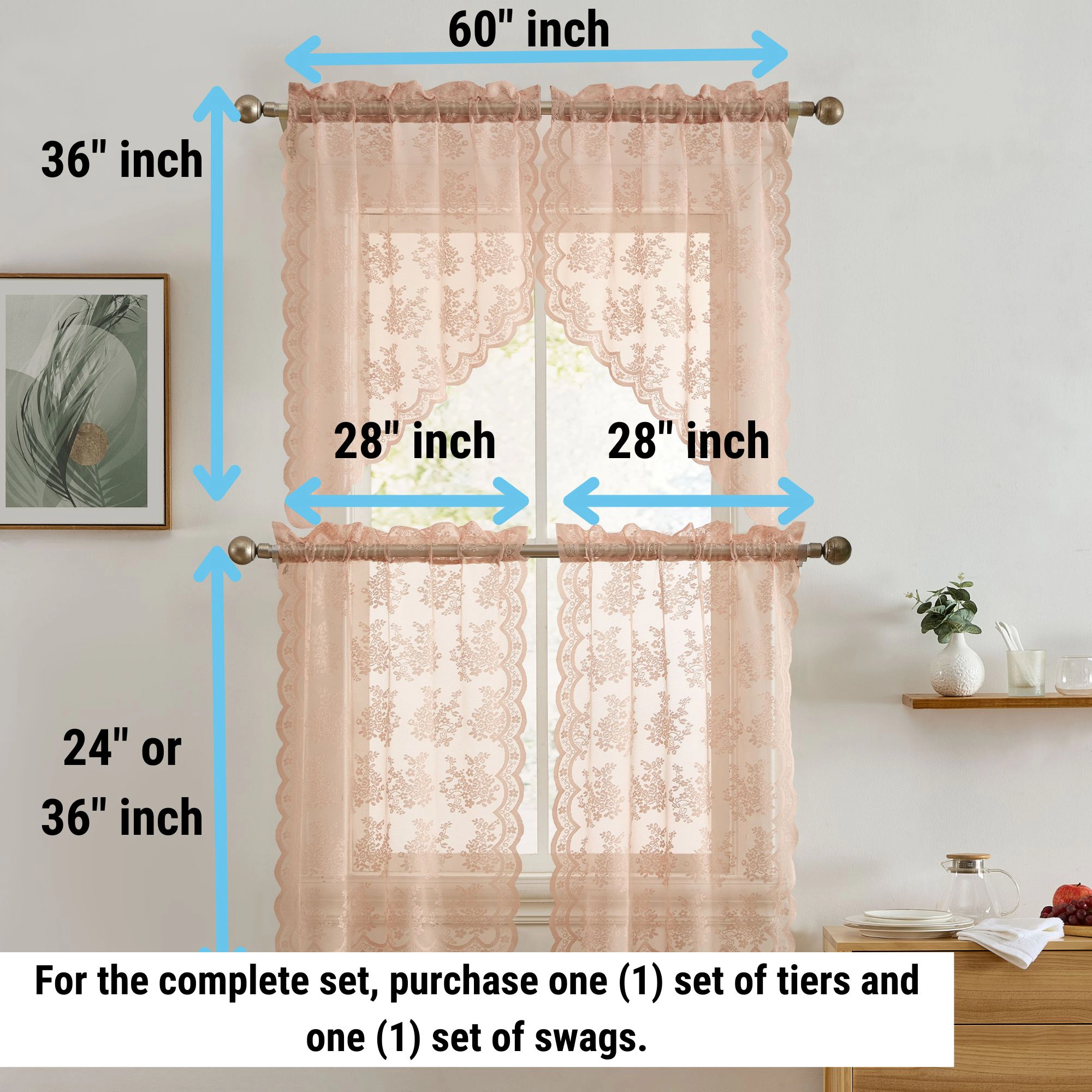 HLC.ME Jolene Floral Rod Pocket Lace Semi Sheer Voile Short Cafe Tiers for Small Windows - Set of 2