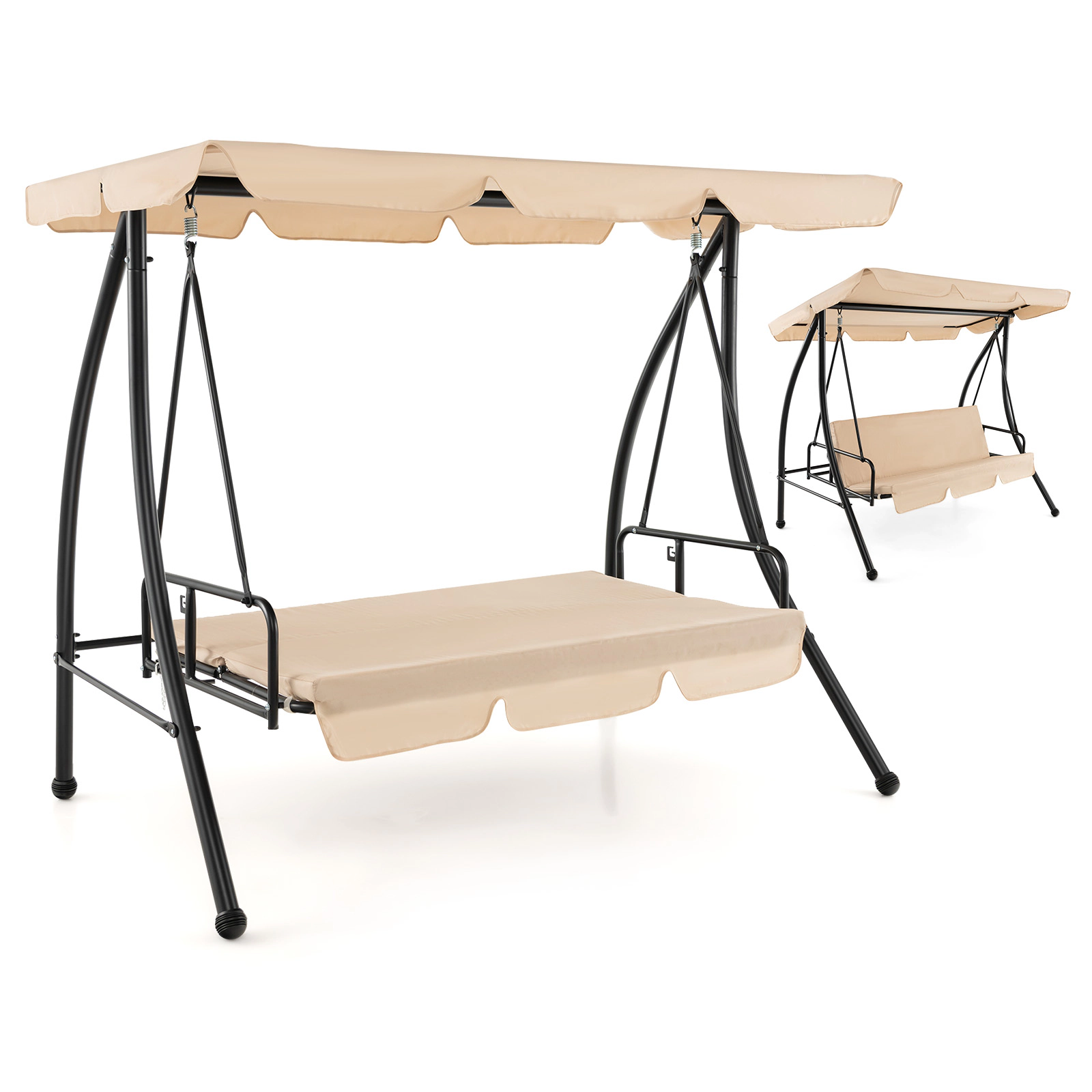 SUGIFT Convertible 2-Seat Outdoor Swing Chair with Flat Bed and Adjustable Canopy Beige