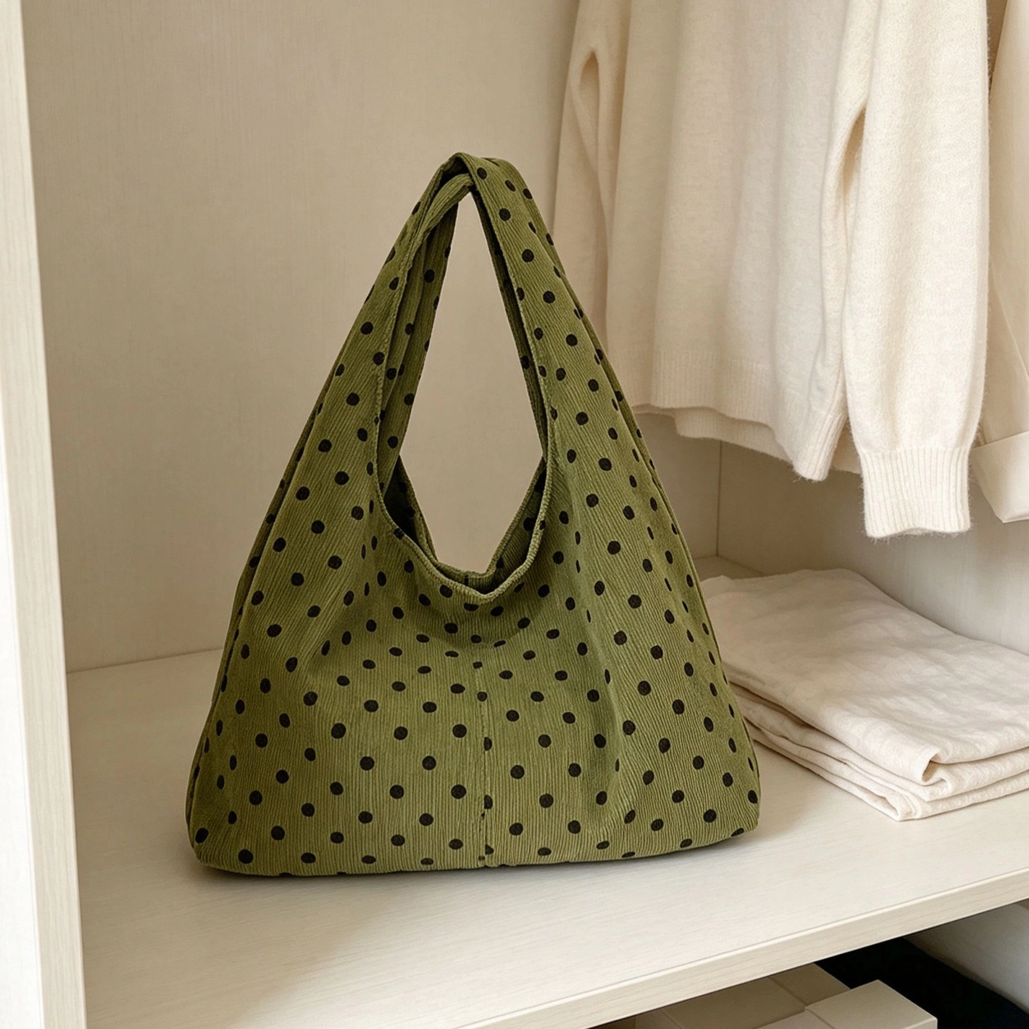 Alilang Womens Polka Dot Corduroy Hobo Shoulder Bag with Wide Strap and Interior Pockets, Green