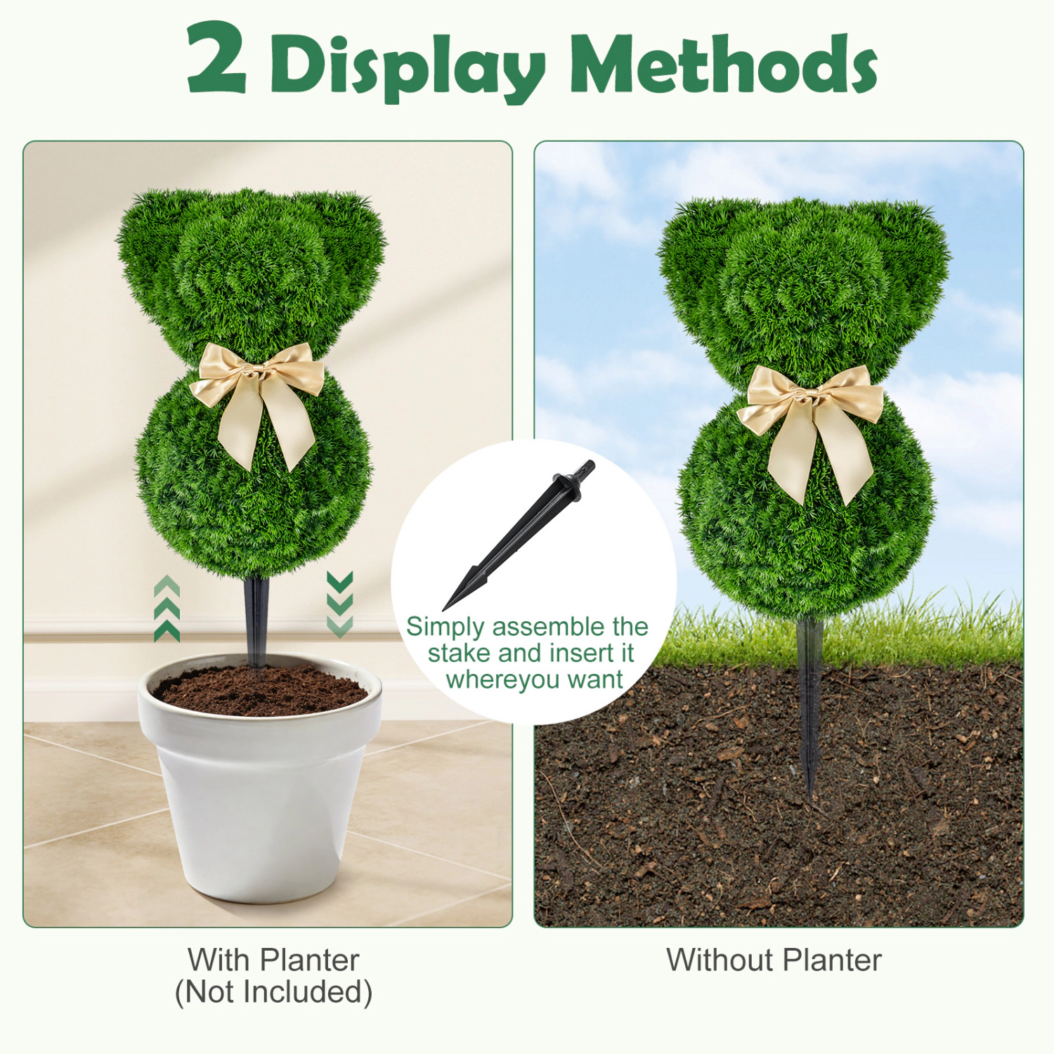 Slickblue Set of 2 Teddy Bear Topiary Trees Boxwood Style with Ground Spikes