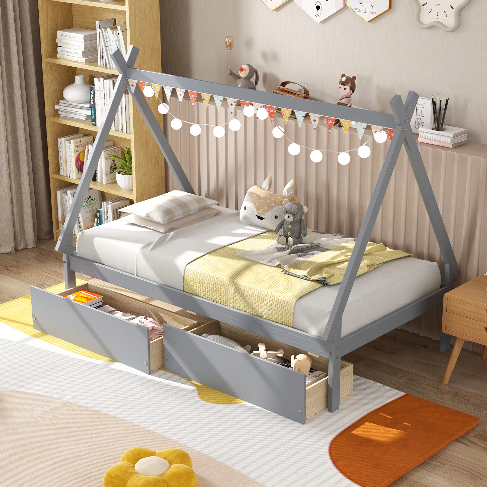 SUGIFT Twin Size Wooden Tent Platform House Bed with 2 Storage Drawers 200-Lb Capacity Gray