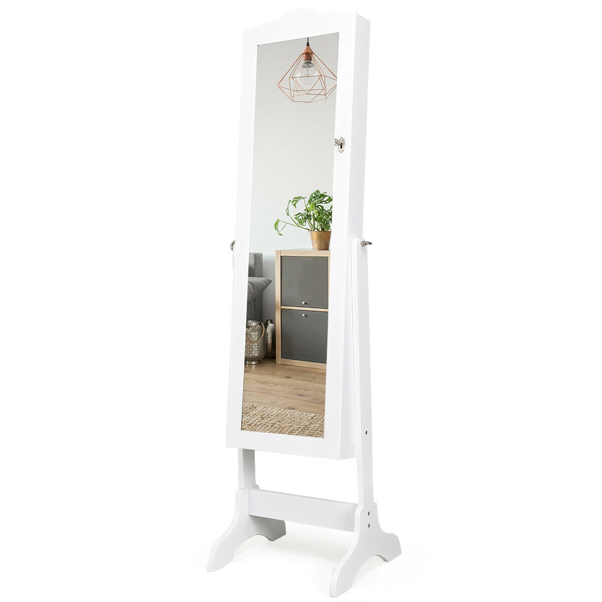 SUGIFT White 4-Angle Tilting Mirrored Jewelry Cabinet Lockable Floor Mirror Armoire with Large Storage