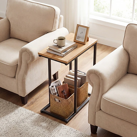 SUGIFT 18-In C-Shaped End Table, Natural Wood Top, Metal Base