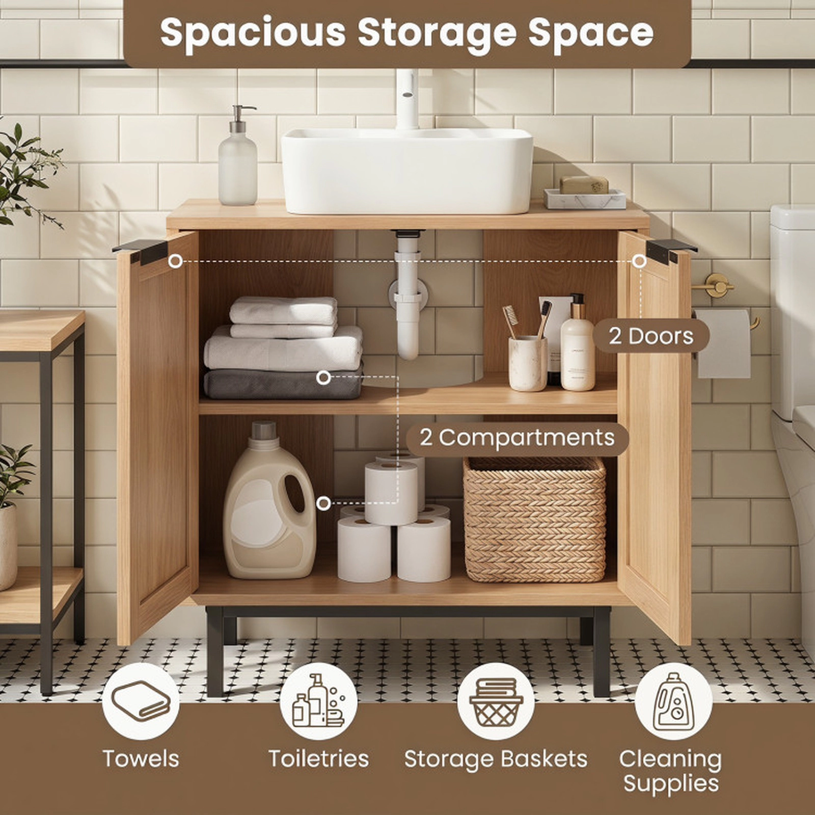 SUGIFT 2 Rattan Doors U-Shaped Cut-Out Under Sink Bathroom Vanity Cabinet 23.5-in x 12-in x 24-in 66-lb Capacity Natural