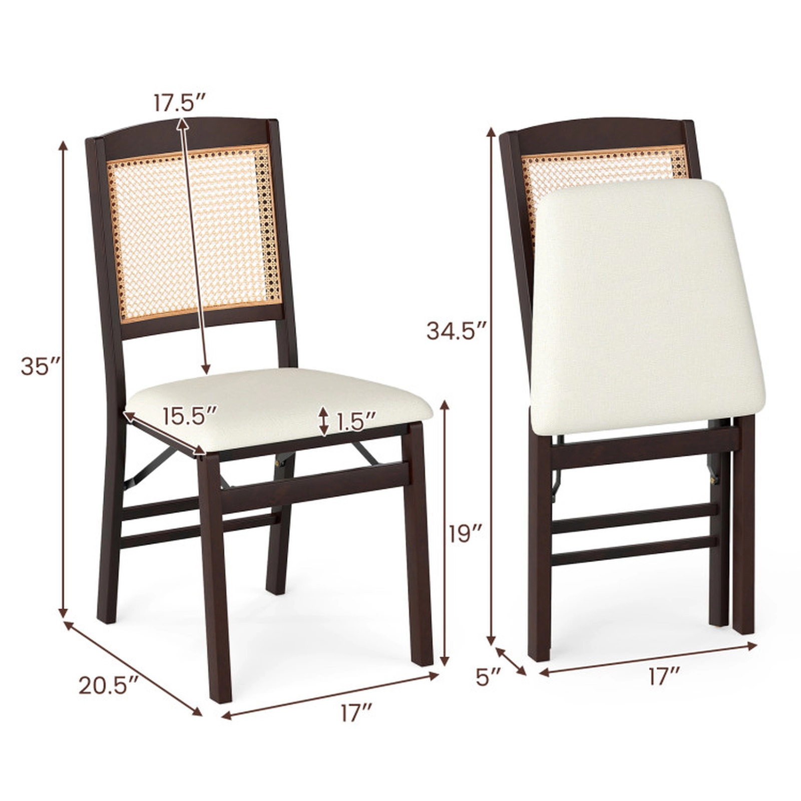SUGIFT Coffee Folding Rubber Wood Rattan Back Linen Padded Seat Set of 4 Dining Chairs