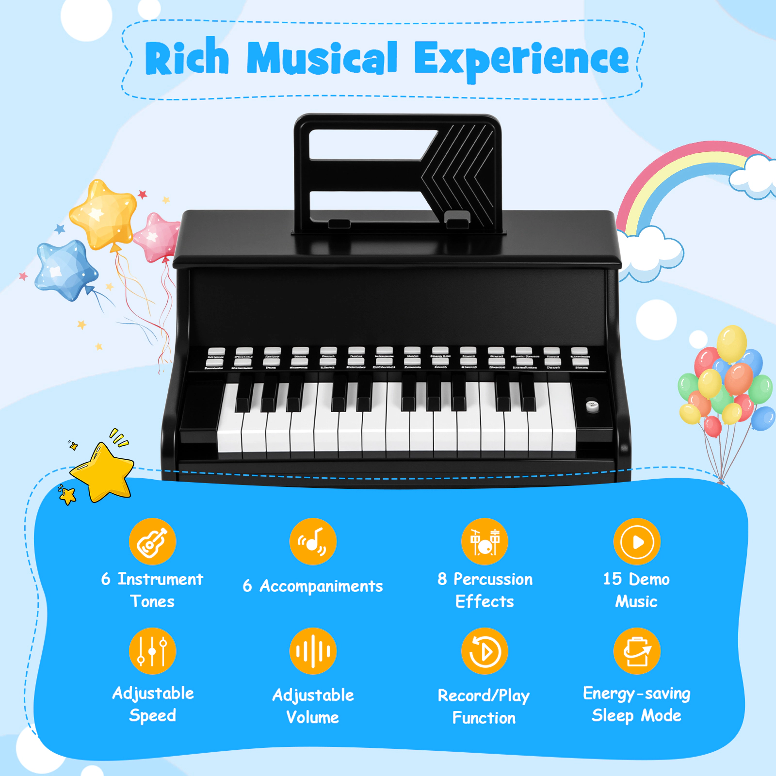 SUGIFT 25-Key Kids Piano Keyboard with Adjustable Volume and Speed Mini Size Ages 3+ with Music Stand Black