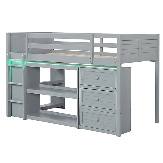 SUGIFT Gray LED Lights Drawers and Under-Bed Shelves Twin Size Kids Loft Bed