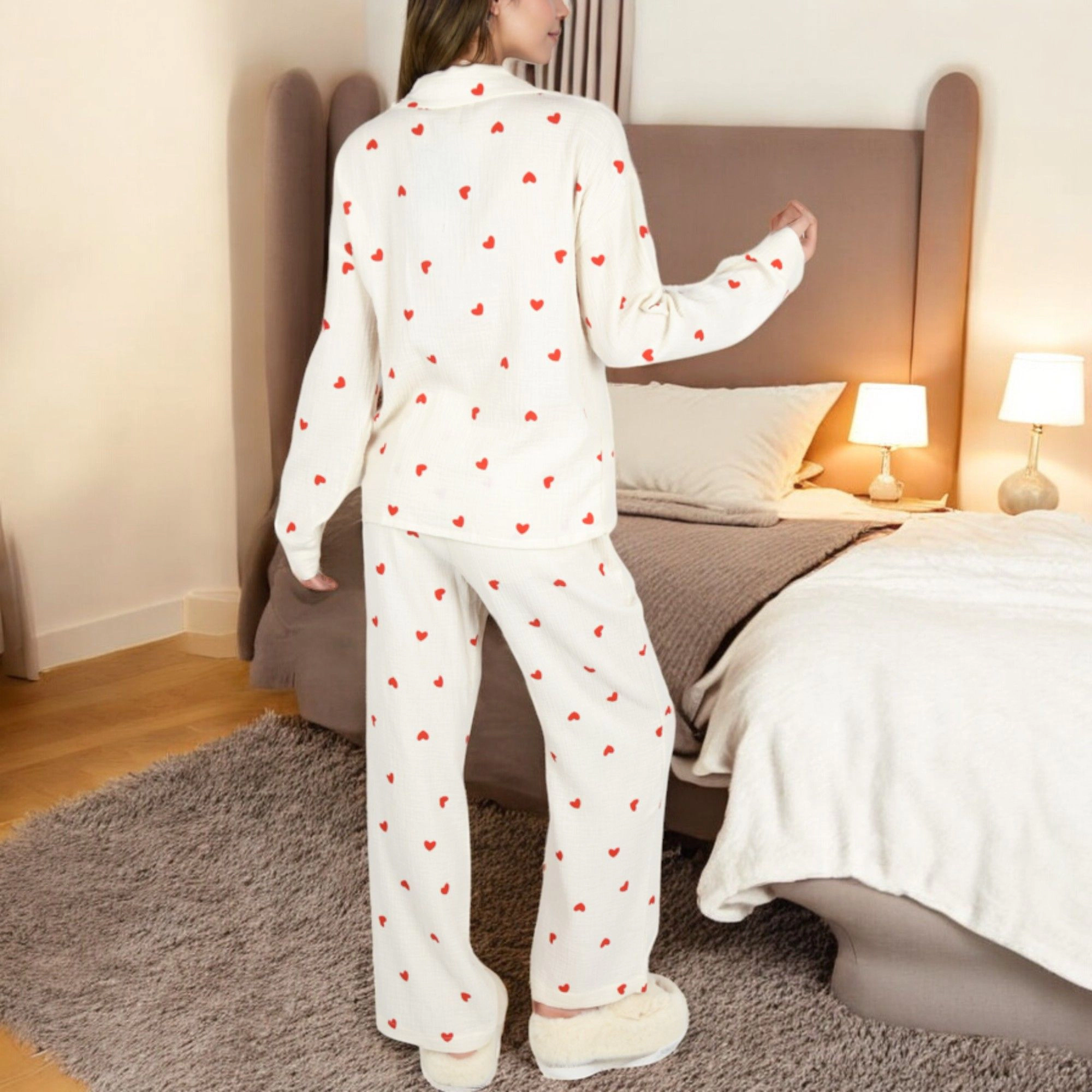 Anna-Kaci Women's Heart Print Valentine 2-Piece Pajama Set with Long Sleeve Button Up Top and Relaxed Fit Pants