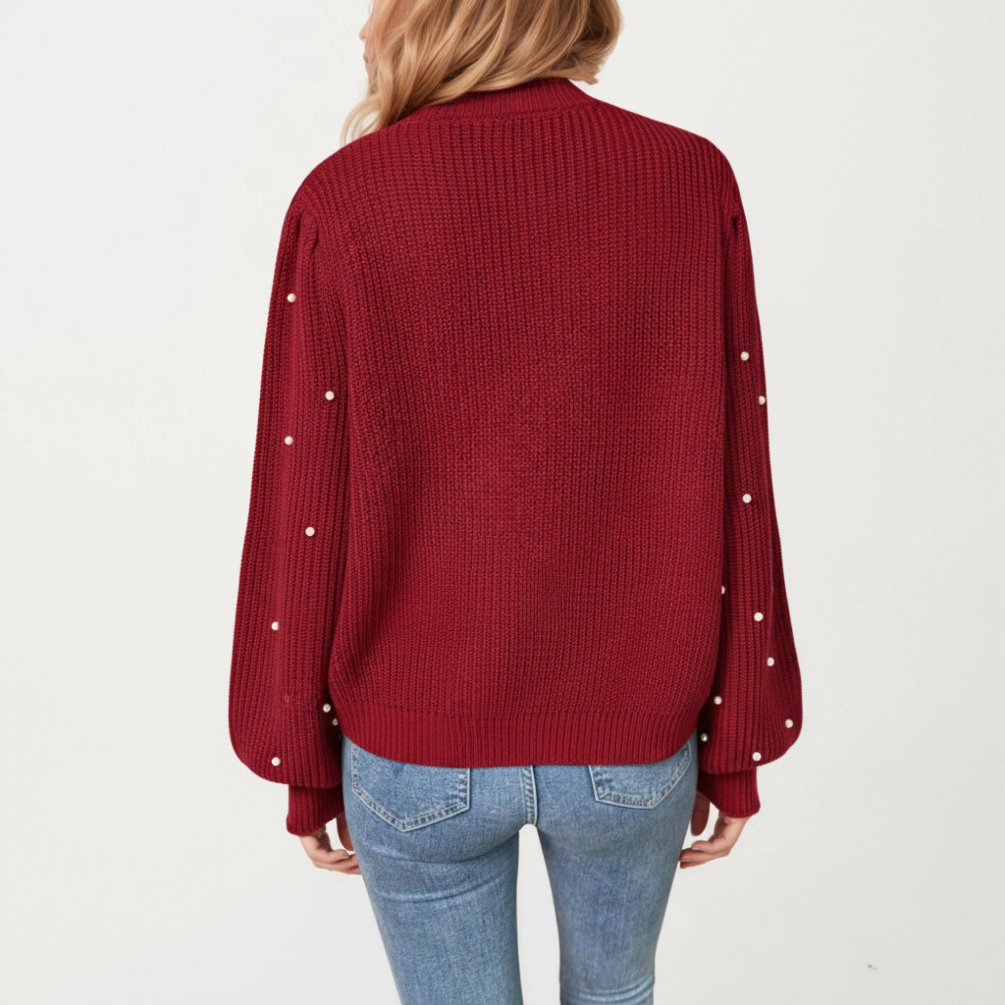 Anna-Kaci Women's Long Sleeve Button-Up Knit Cardigan with Faux Pearl Embellishments and Ribbed Hem