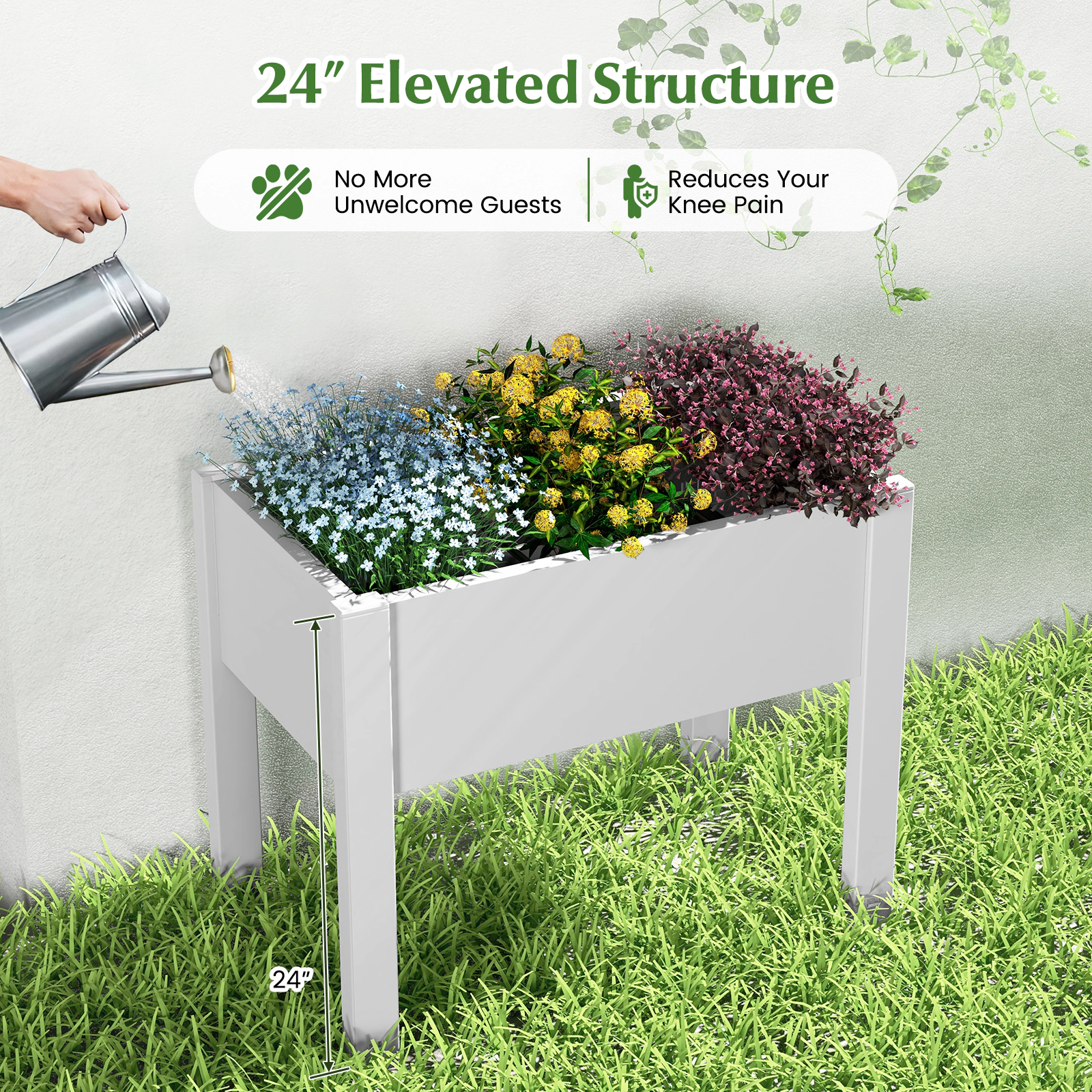Hivvago 53L Raised Bed Grow Box Self-Watering Planter Box Stand with Water Level Monitor
