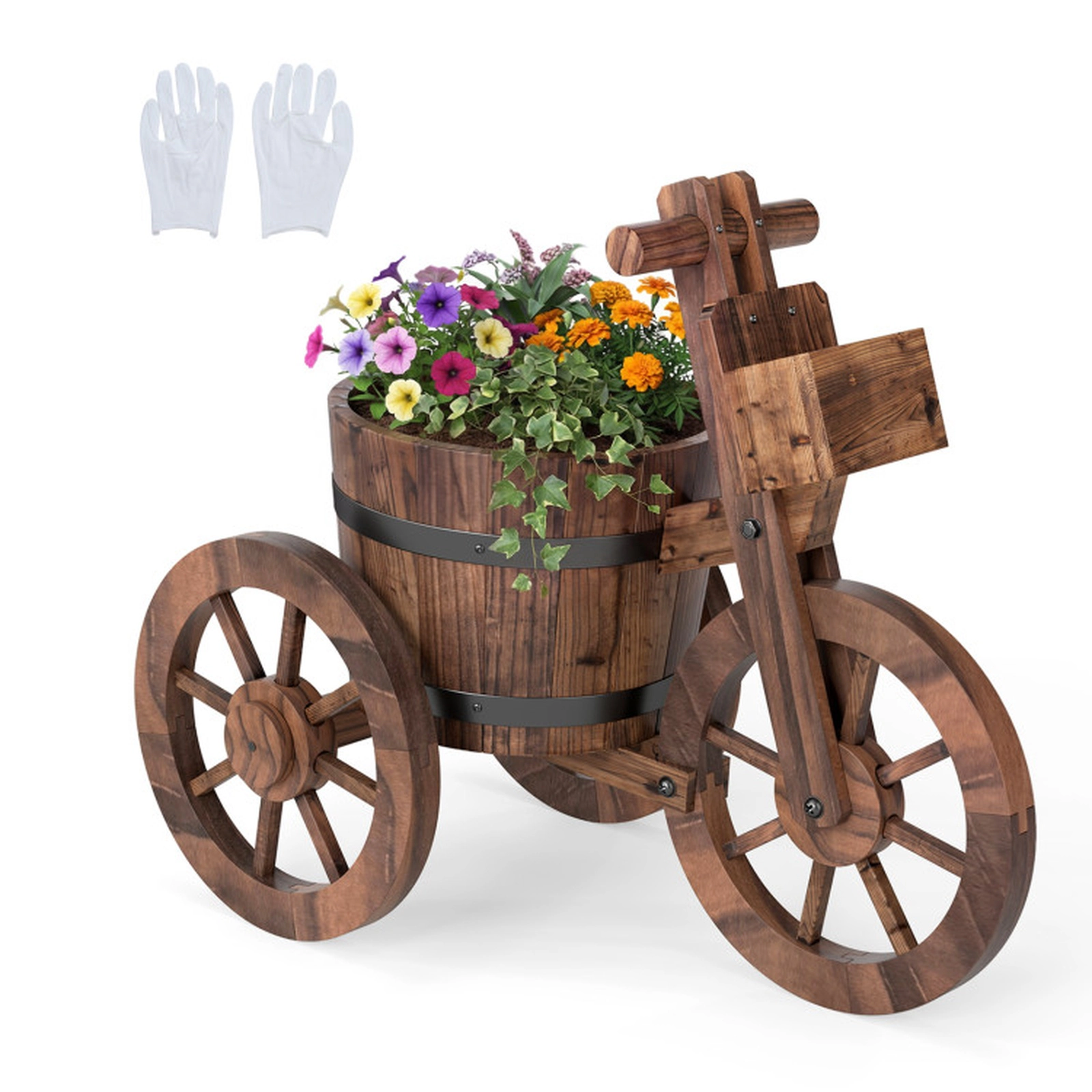 SUGIFT Coffee Wood Tricycle Planter with Barrel Pot and Storage Box 21.5-in W 11.5-in D 13.5-in H