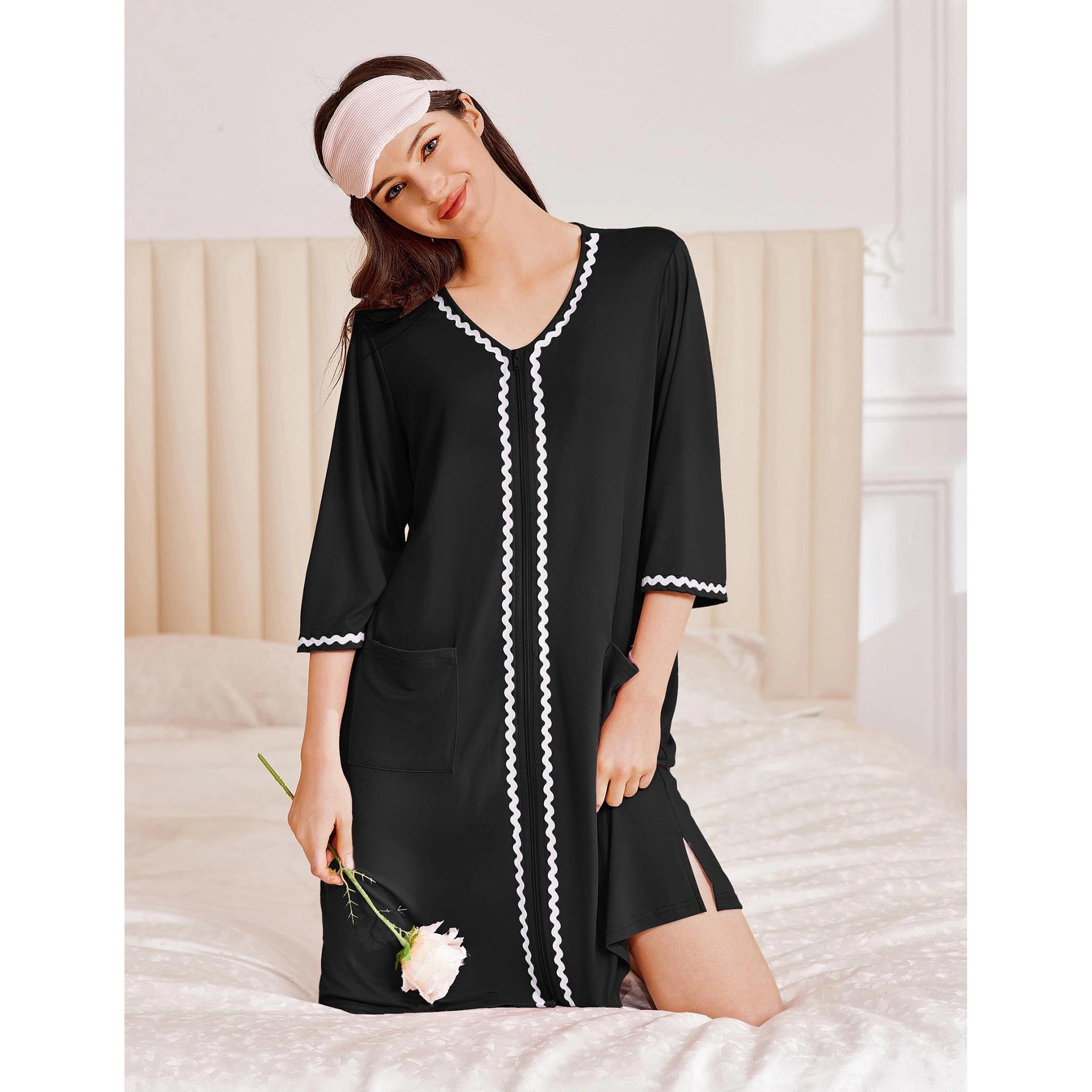 Ekouaer Zipper Robes for Women 3/4 Sleeves Lightweight House Coat Zip Up Bathrobe Soft Nightgown