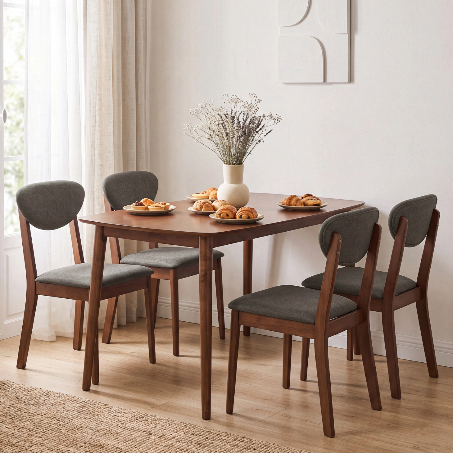 LJG 5-Piece Dining Set for 4 with Rectangular Table & Fabric Chairs for Living Room
