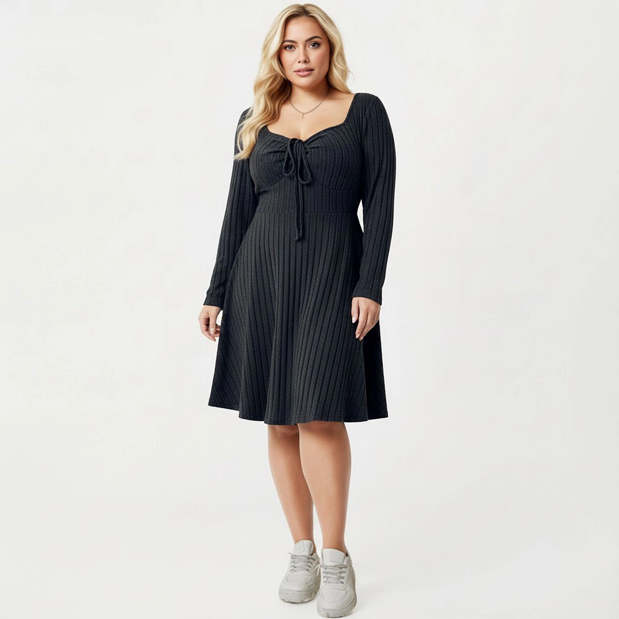Anna-Kaci Women's Plus Long Sleeve Ribbed Tie Front Flared Skirt Knit Dress