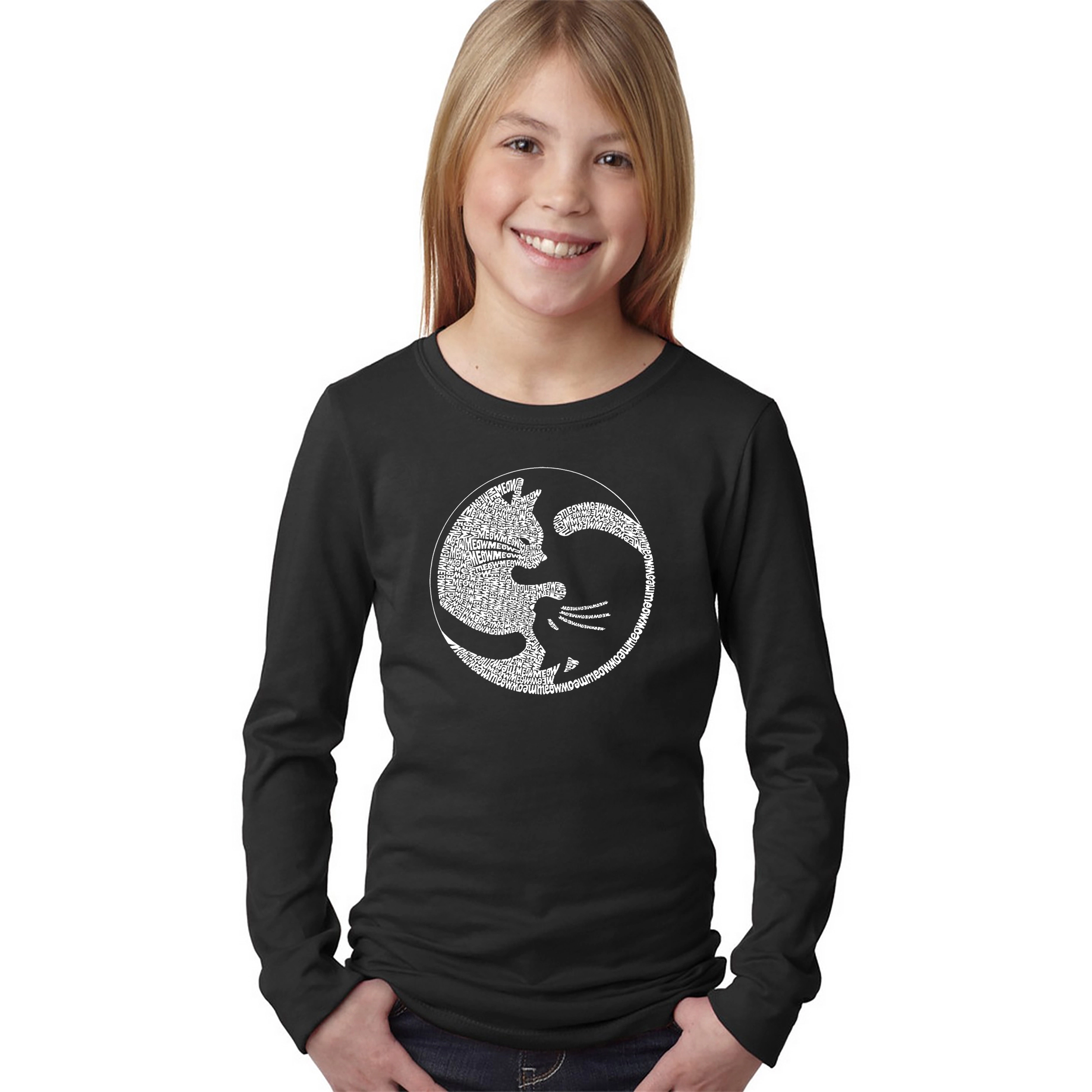 LA Pop Art Girls Long Sleeve Word T-Shirt - Yin Yang Cat