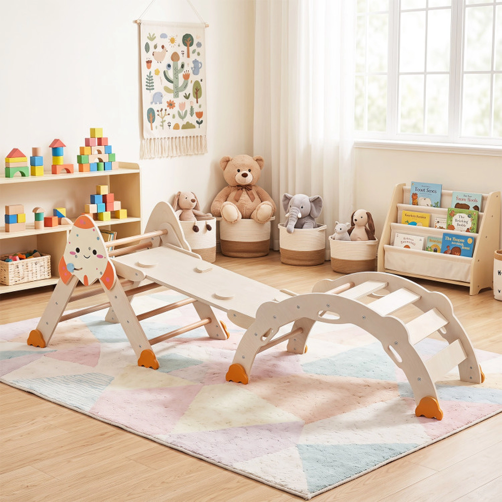 SUGIFT 8-in-1 Foldable Climbing Triangle Arch and Balance Bridge 330-lb Capacity Ages 1+ Rocket-Themed Natural