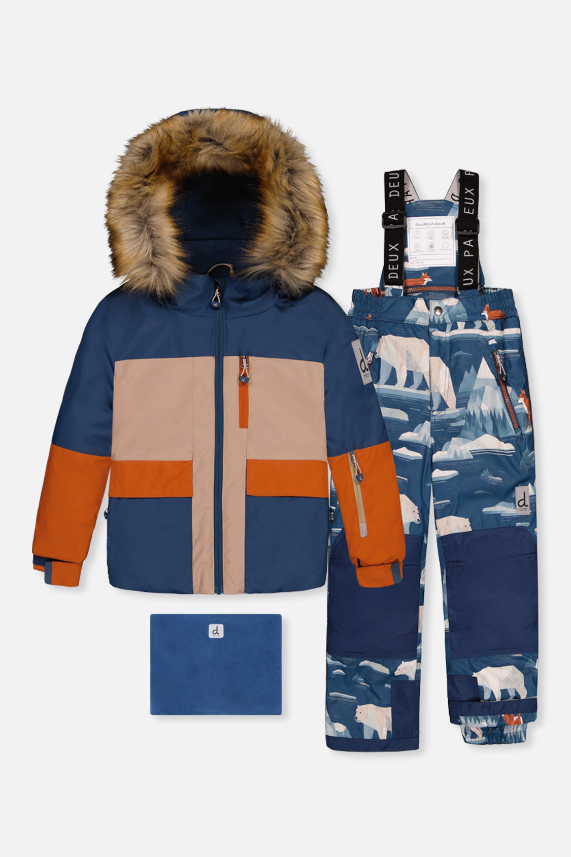 Deux par Boys Colorblock Two Piece Play Snowsuit with Hooded Jacket and Bear Print Snow Pants