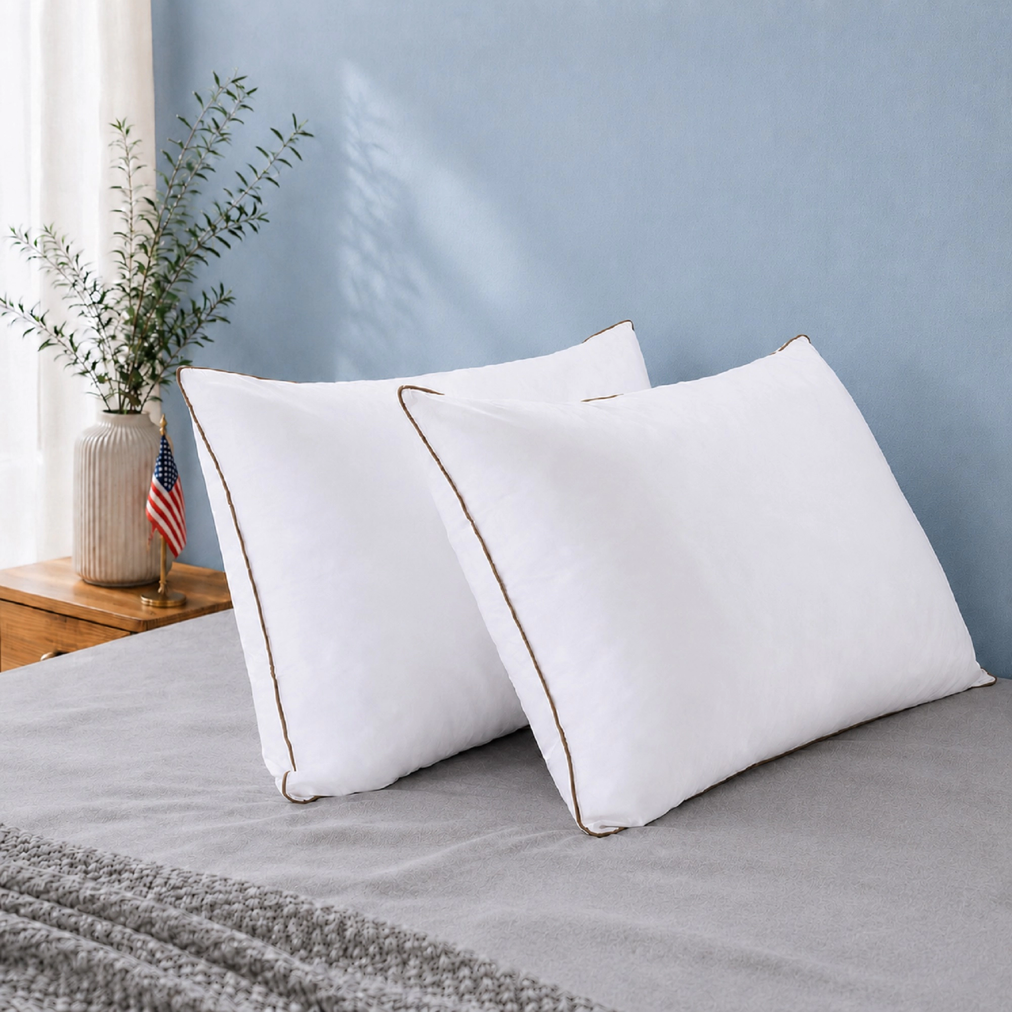 PEACENET Goose Feather and Down Bed Pillows with Double-Layer Shell and Brown Piping,Set of 2