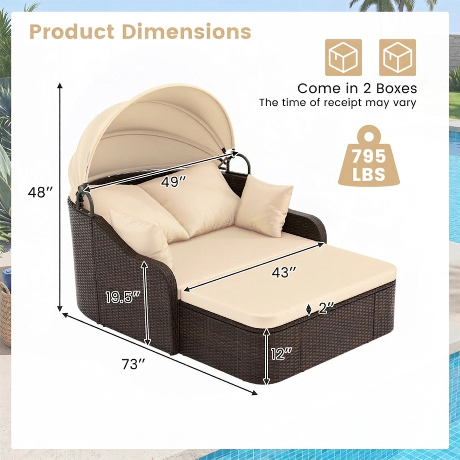 SUGIFT Beige Retractable Canopy and 6 ft Lying Area Patio PE Rattan Daybed